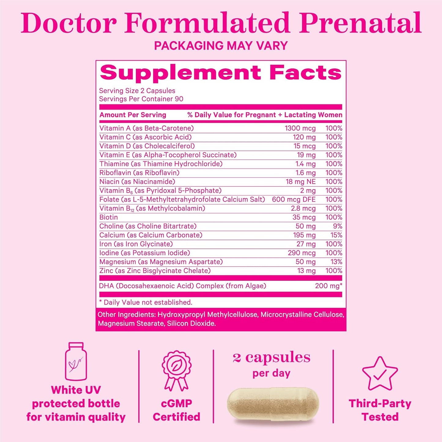 Prenatal Vitamins with DHA, Folate, and Iron for Fetal Development - 3 Month Supply, Pregnancy Essentials - 180 Capsules