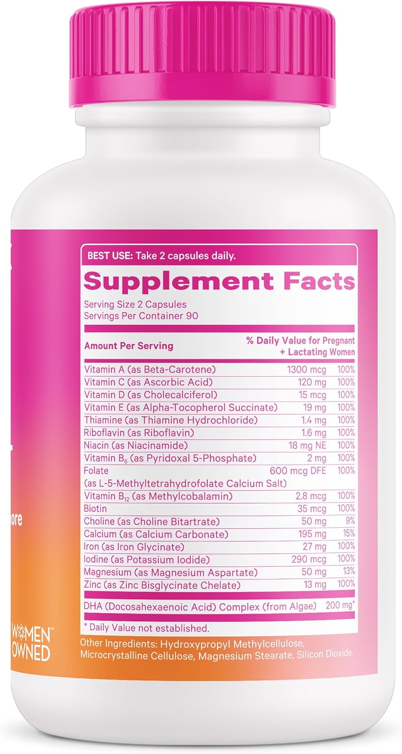 Prenatal Vitamins with DHA, Folate, and Iron for Fetal Development - 3 Month Supply, Pregnancy Essentials - 180 Capsules