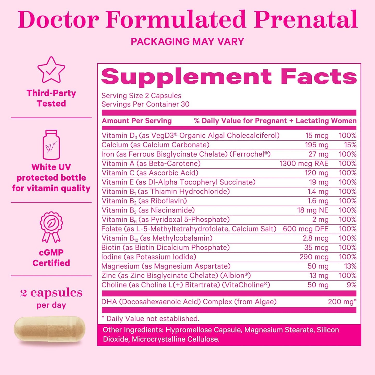 Prenatal Vitamins with DHA, Folate, Iron, Choline, and Vitamin B12 - Supports Fetal Development - 60 Capsules