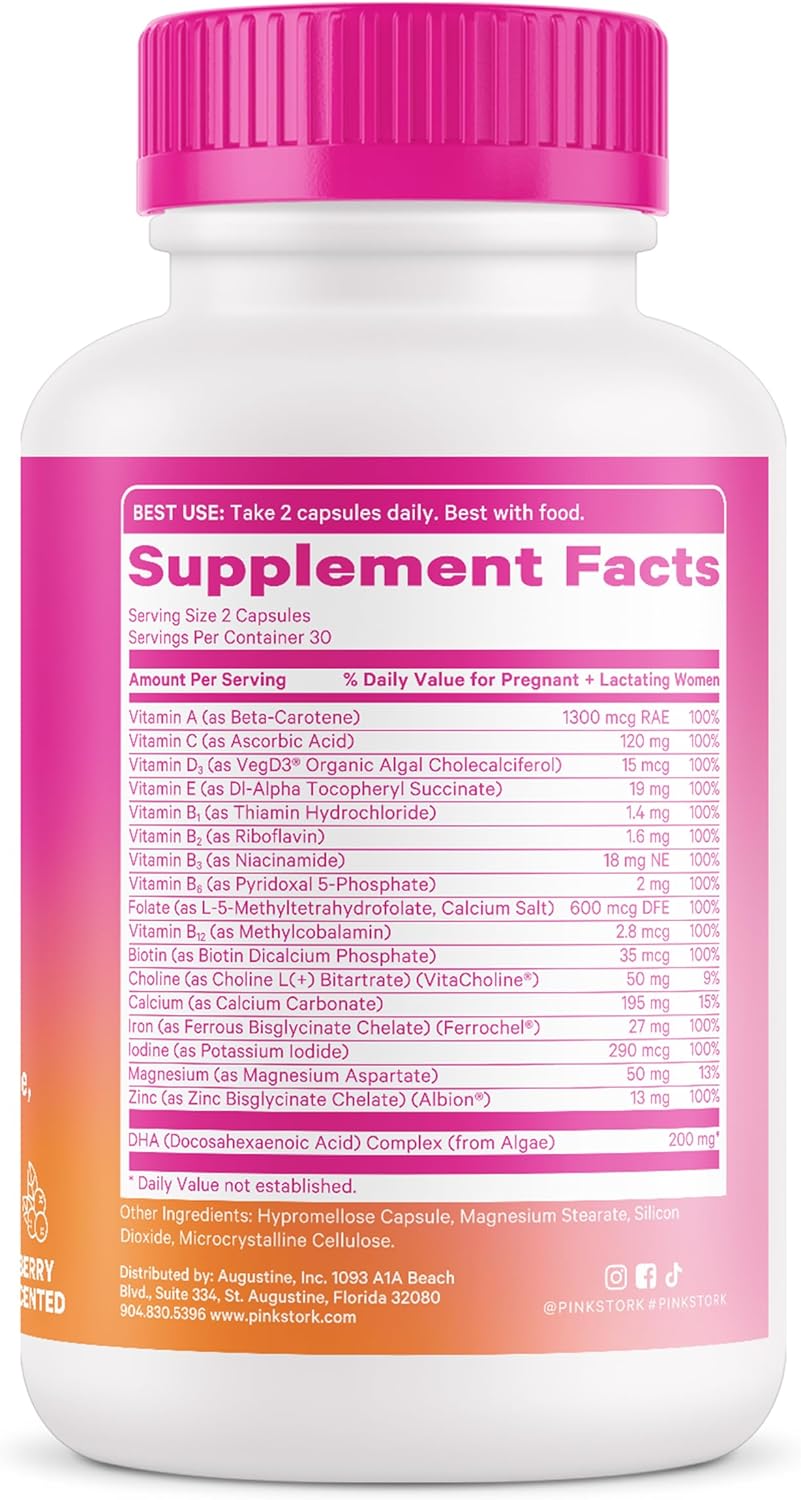Prenatal Vitamins with DHA, Folate, Iron, Choline, and Vitamin B12 - Supports Fetal Development - 60 Capsules