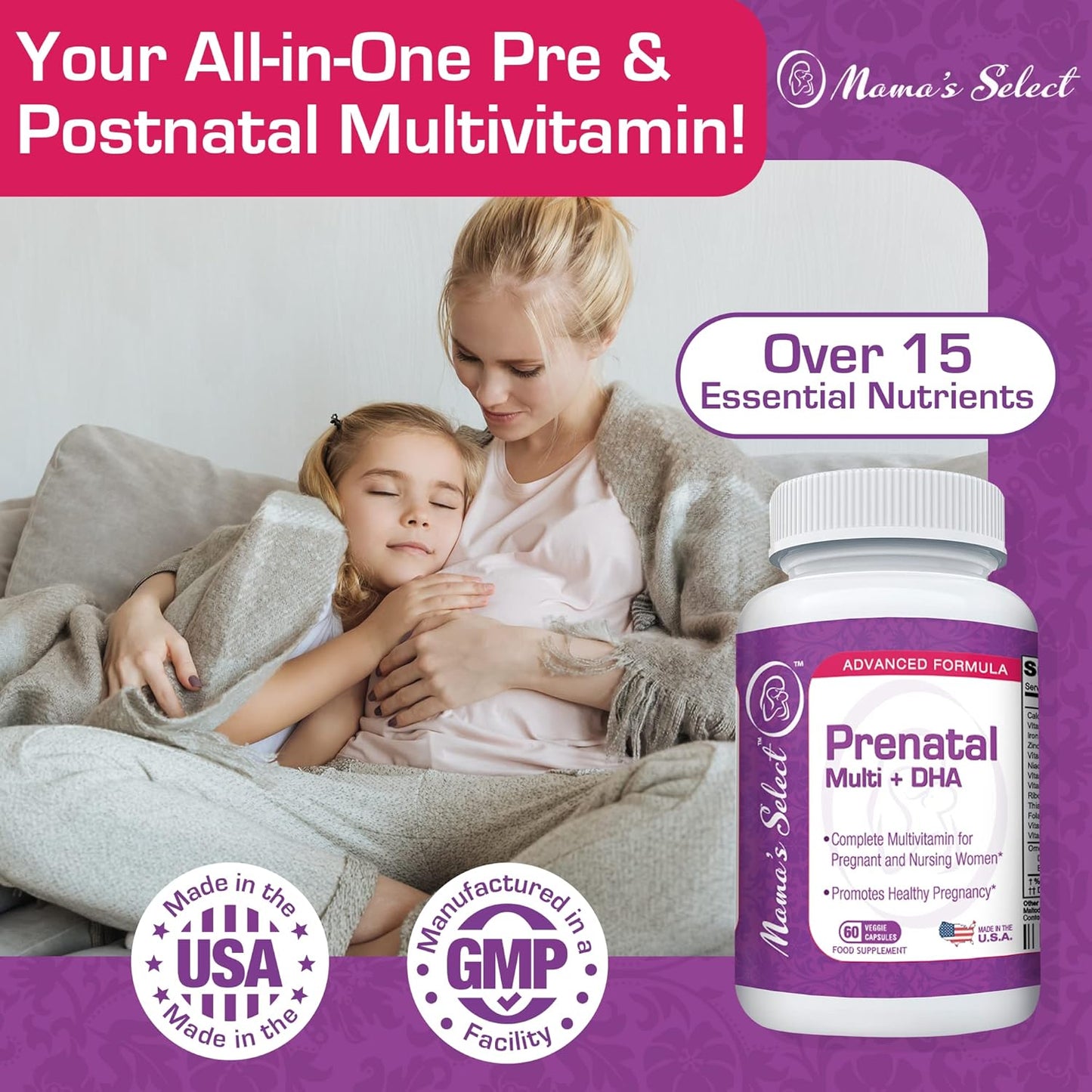 Prenatal Vitamins with Iron, Vitamin D, DHA, Folic Acid - Slow-Release, Gentle on Stomach, 60 Capsules