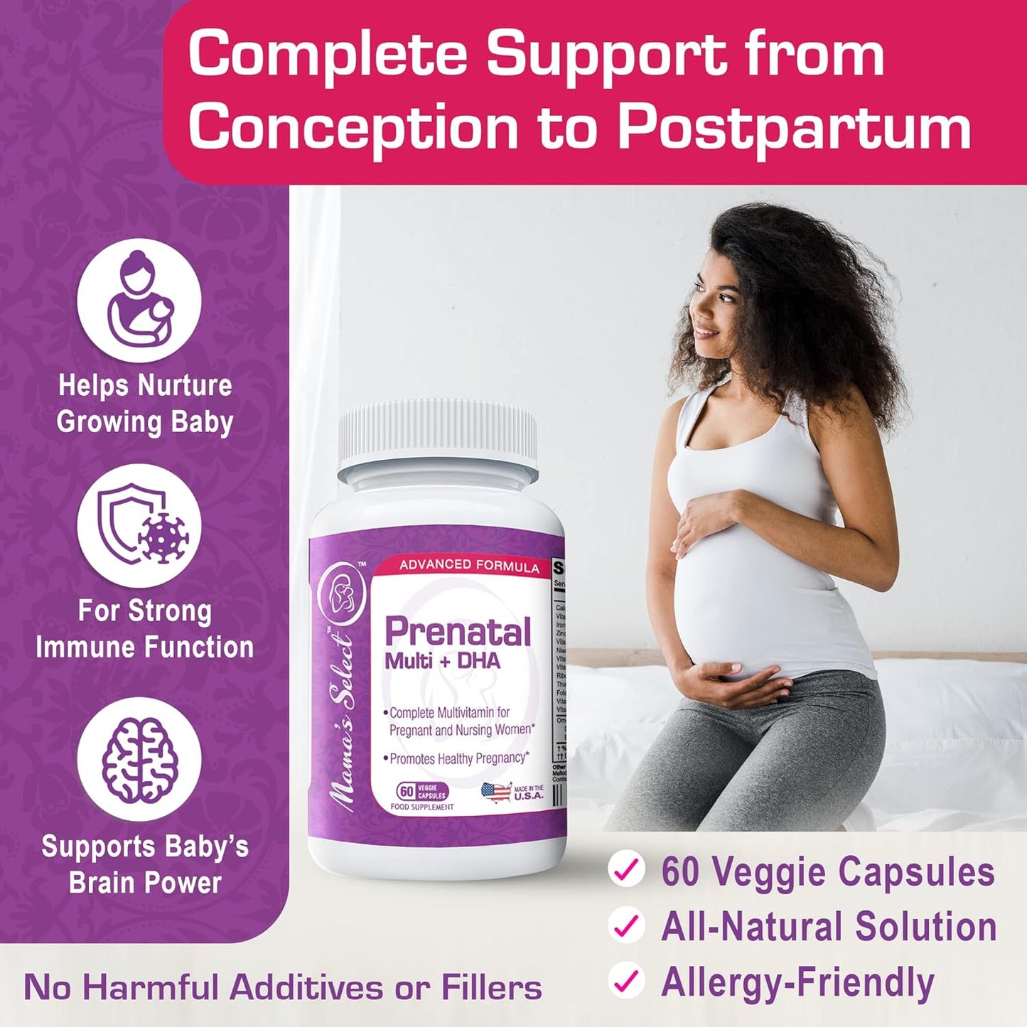 Prenatal Vitamins with Iron, Vitamin D, DHA, Folic Acid - Slow-Release, Gentle on Stomach, 60 Capsules