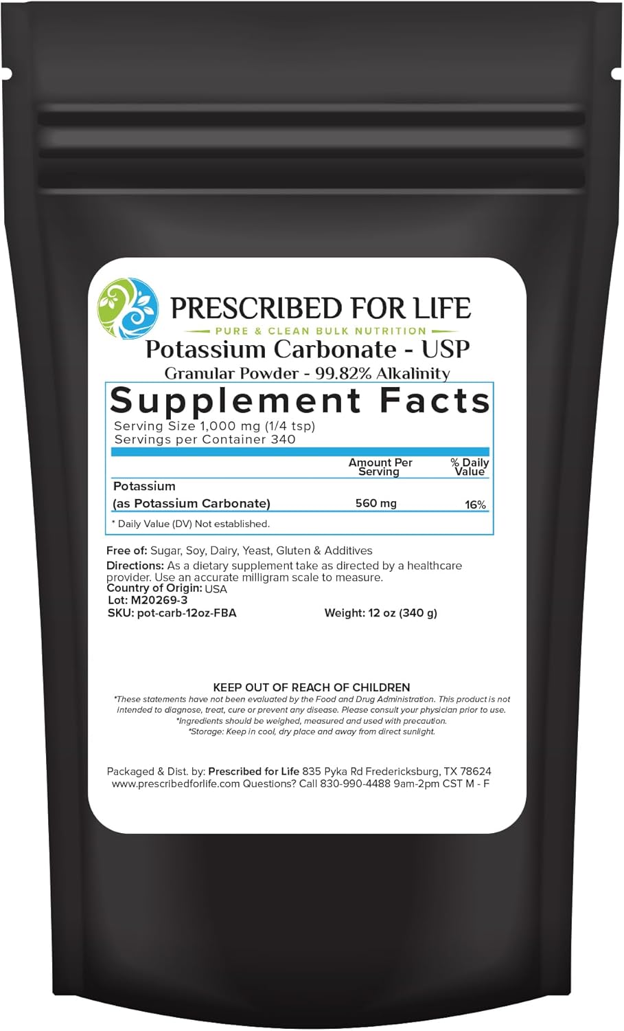 Prescribed for Life Potassium Carbonate Powder | Natural USP Food Grade Potash for Plants, Soap, Supplements, & More | Pure Bulk Potassium Powder 12 oz (340 g)