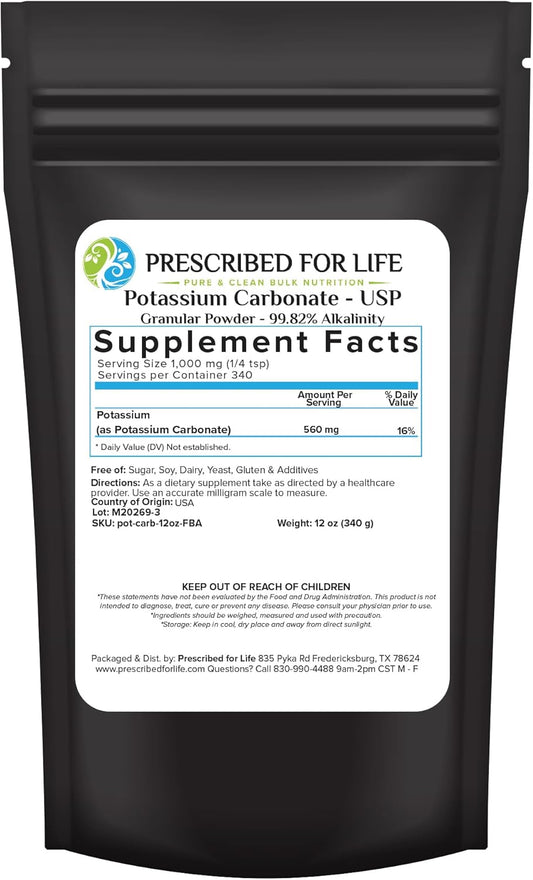 Prescribed for Life Potassium Carbonate Powder | Natural USP Food Grade Potash for Plants, Soap, Supplements, & More | Pure Bulk Potassium Powder 12 oz (340 g)