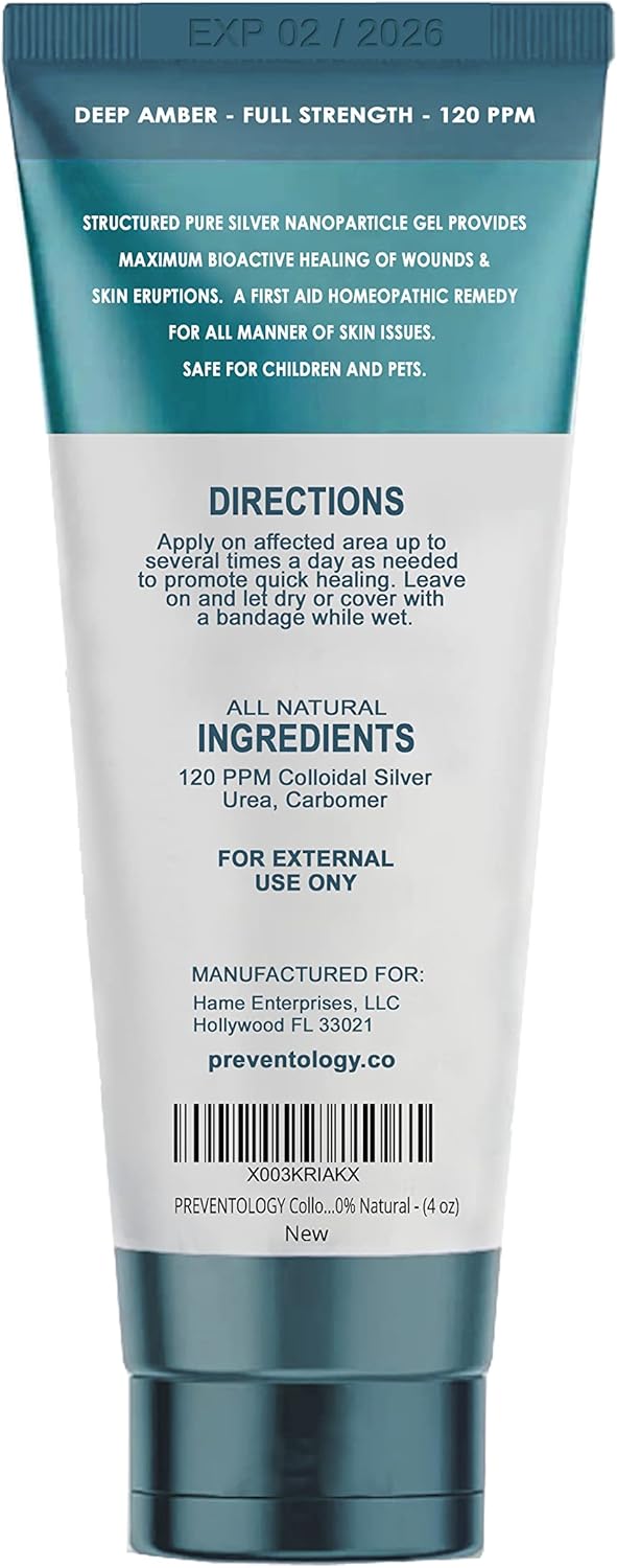 PREVENTOLOGY X Colloidal Silver Gel - Full Strength Deep Amber 120 PPM - Topical Use - pH Balanced - Unscented - 100% Natural - 4 oz