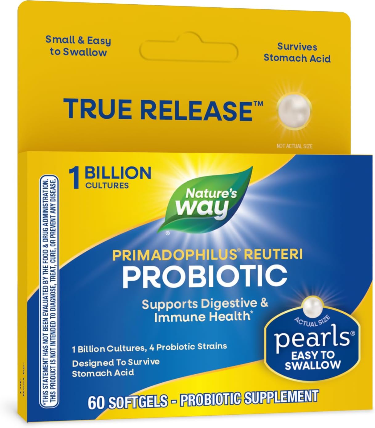Primadophilus Reuteri Probiotic Pearls for Men and Women - 1 Billion Culture, 4 Strains, Supports Digestive and Immune Health - 60 Softgels