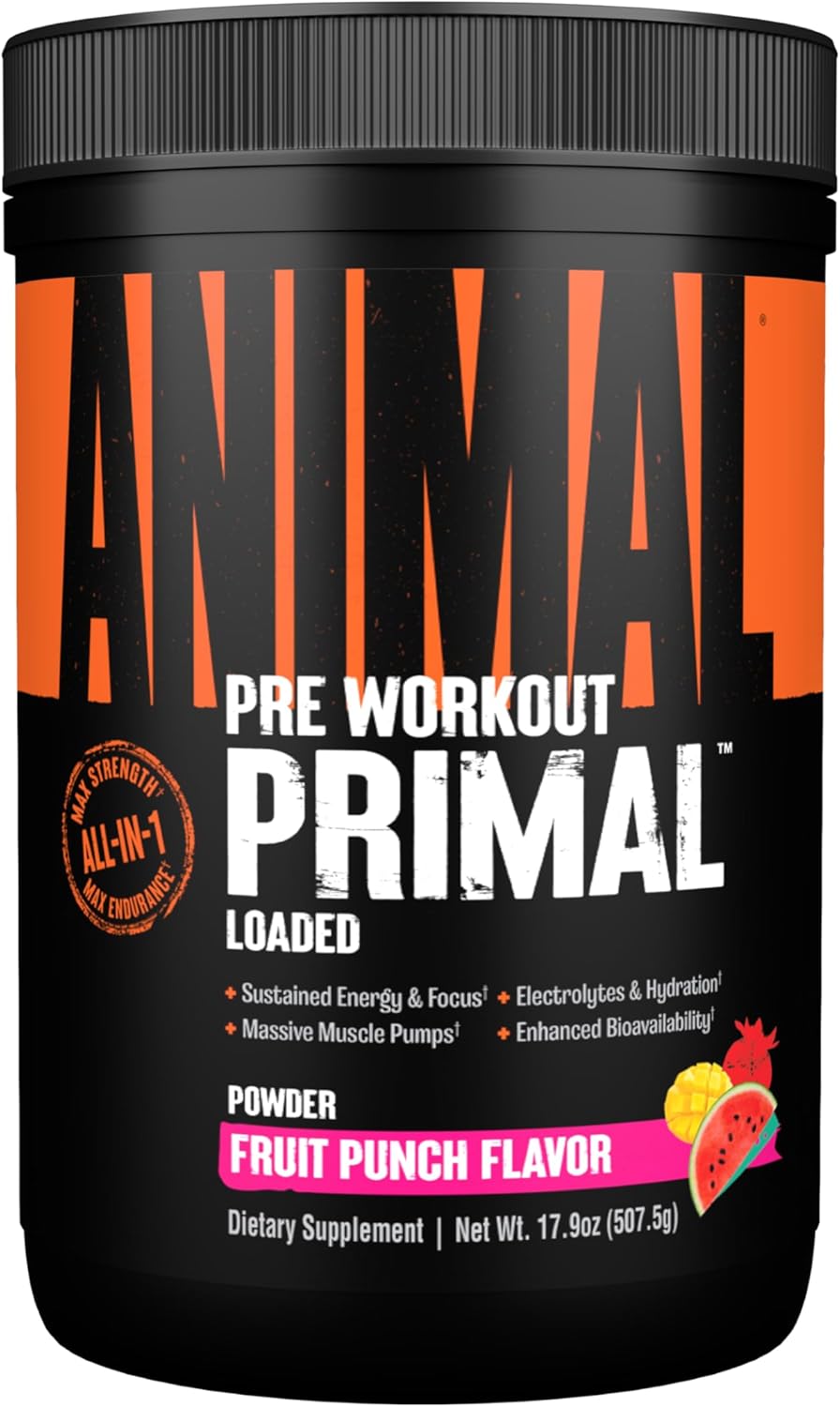 Primal Animal Muscle Hydration + Preworkout Powder - Beta Alanine, 3DPump, Caffeine & Electrolytes - Enhances Energy, Focus, Endurance - Fruit Punch, 17.9 oz