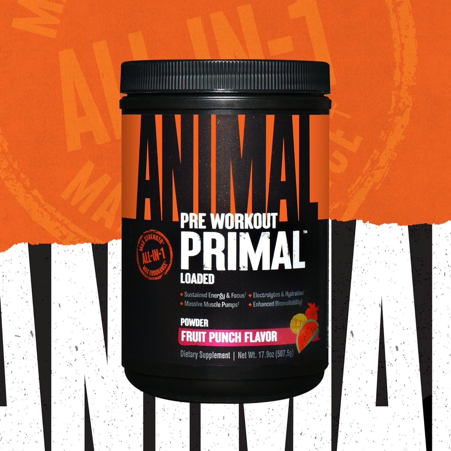 Primal Animal Muscle Hydration + Preworkout Powder - Beta Alanine, 3DPump, Caffeine & Electrolytes - Enhances Energy, Focus, Endurance - Fruit Punch, 17.9 oz