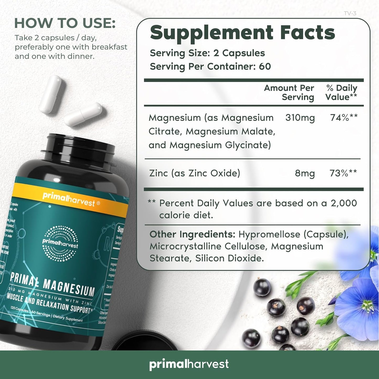 Primal Harvest Magnesium Complex Supplement with Zinc - 120 Capsules, 310mg - Glycinate, Citrate, Malate