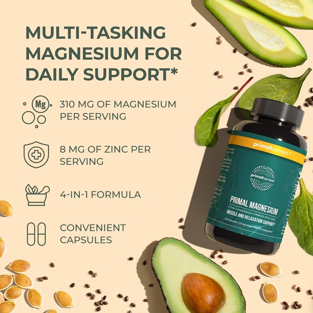 Primal Harvest Magnesium Complex Supplement with Zinc - 120 Capsules, 310mg - Glycinate, Citrate, Malate