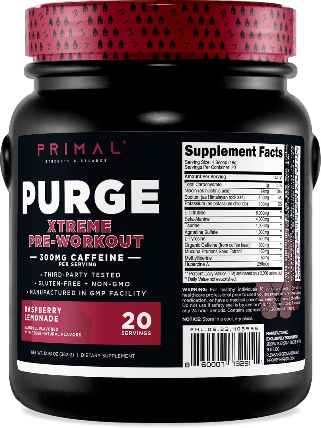 Primal Purge Xtreme Pre-Workout - Raspberry Lemonade Flavor (20 Servings), Gluten-Free and Non-GMO