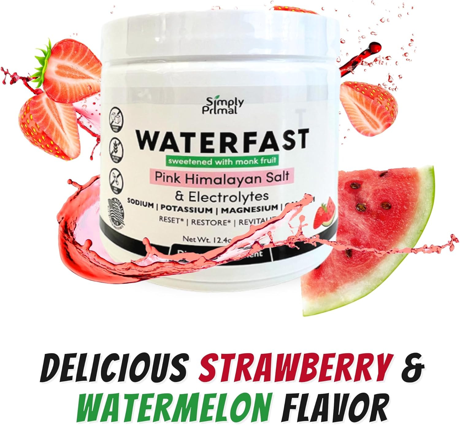 Primal WATERFAST Monk Fruit Keto Electrolyte Powder - Strawberry Watermelon Flavor with Himalayan Salt | Hydration & Fasting Support