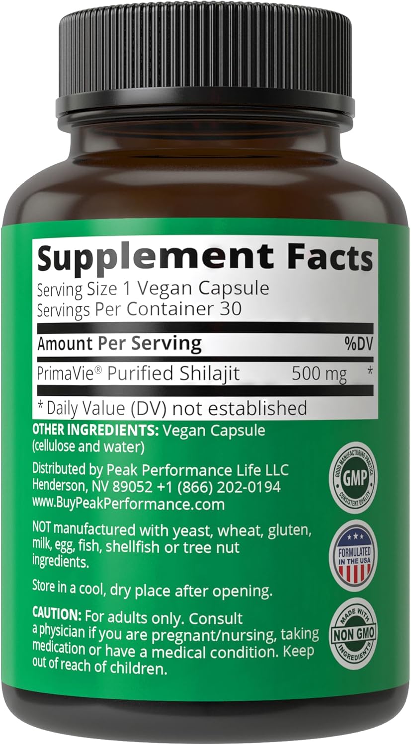 PrimaVie® Shilajit Capsules: Pure Shilajit Powder Supplement with 40+ Trace Minerals for Peak Performance, Brain Function, and Mitochondria Support.