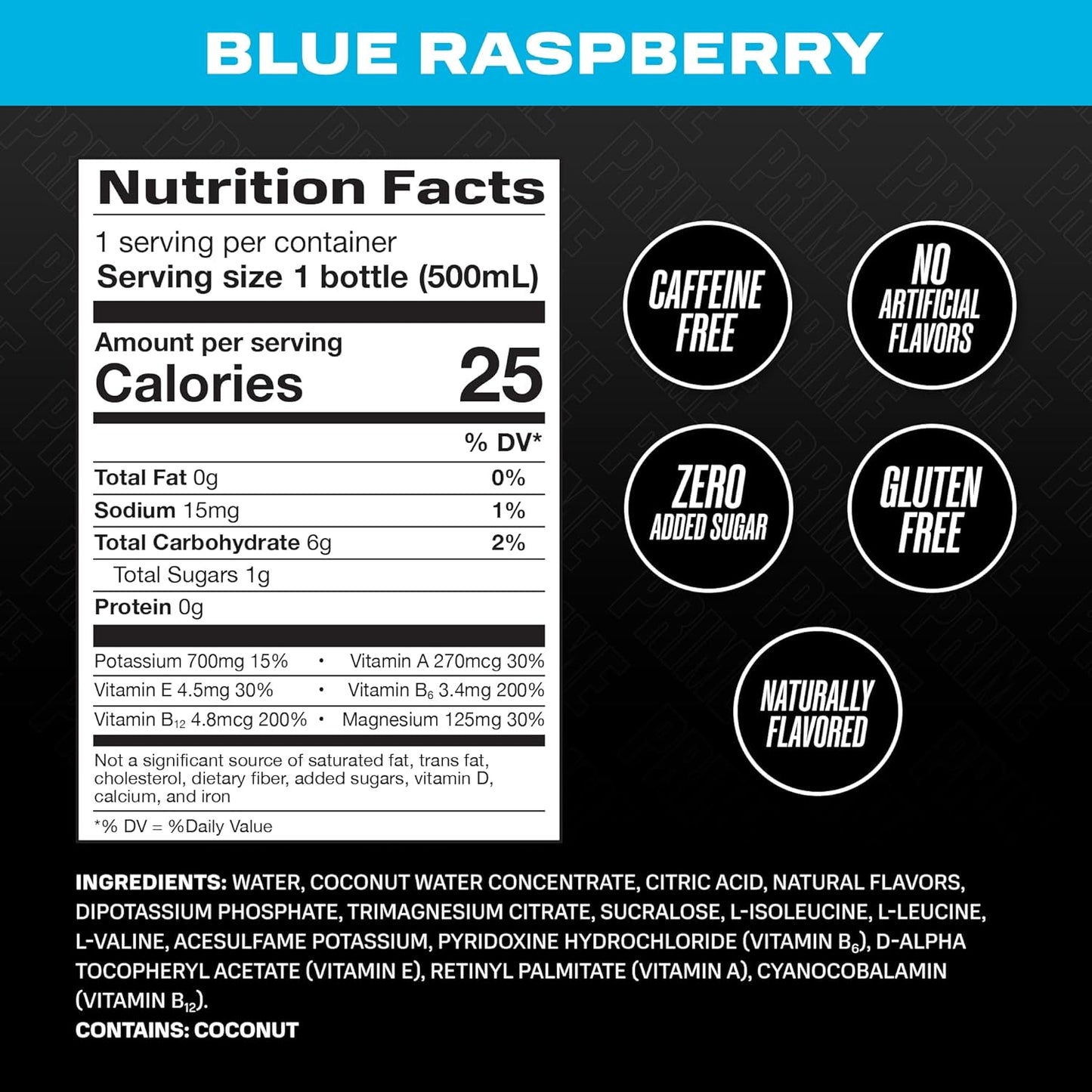 PRIME Hydration BLUE RASPBERRY Sports Drink 12 Pack - Electrolyte Enhanced with BCAAs, B Vitamins, Antioxidants - Ultimate Hydration - Low Sugar - 16.9oz