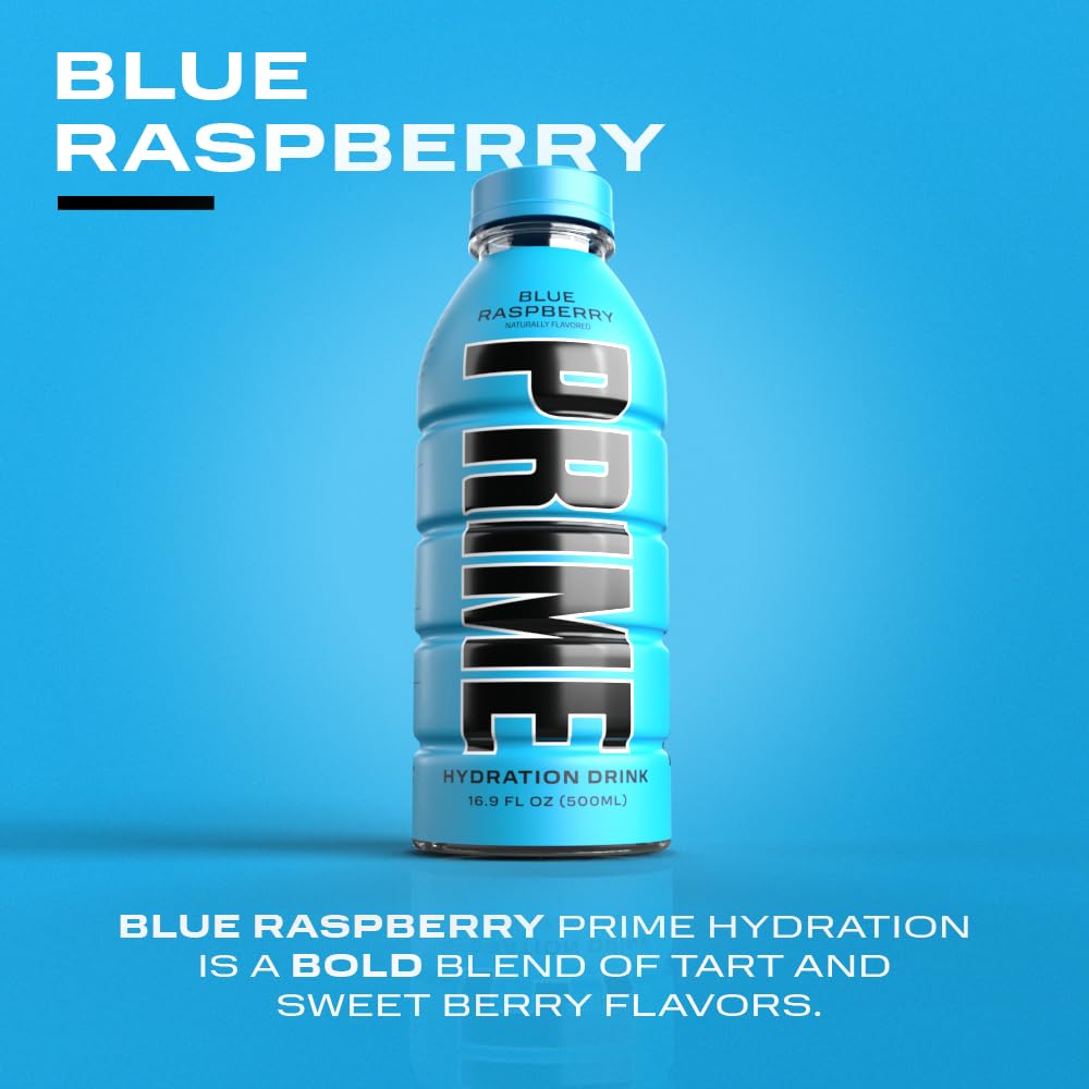 PRIME Hydration BLUE RASPBERRY Sports Drink 12 Pack - Electrolyte Enhanced with BCAAs, B Vitamins, Antioxidants - Ultimate Hydration - Low Sugar - 16.9oz