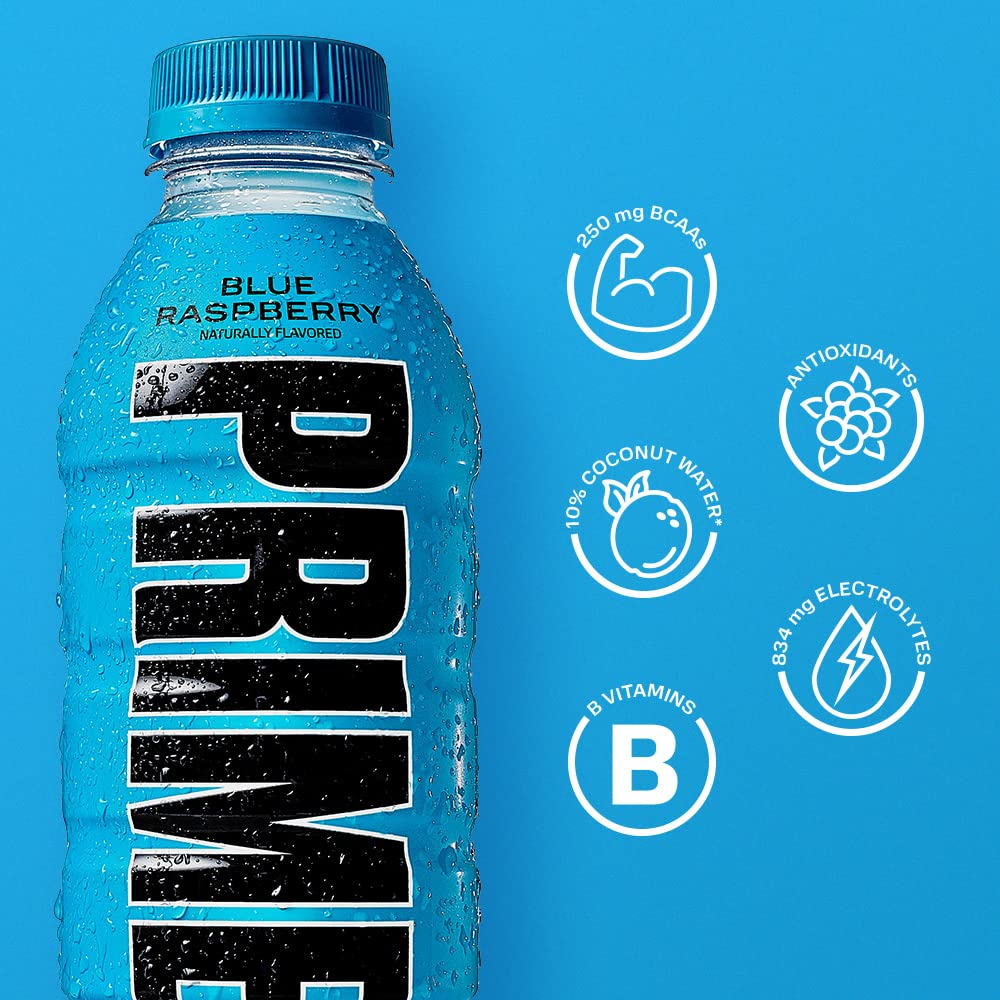 PRIME Hydration BLUE RASPBERRY Sports Drink 12 Pack - Electrolyte Enhanced with BCAAs, B Vitamins, Antioxidants - Ultimate Hydration - Low Sugar - 16.9oz