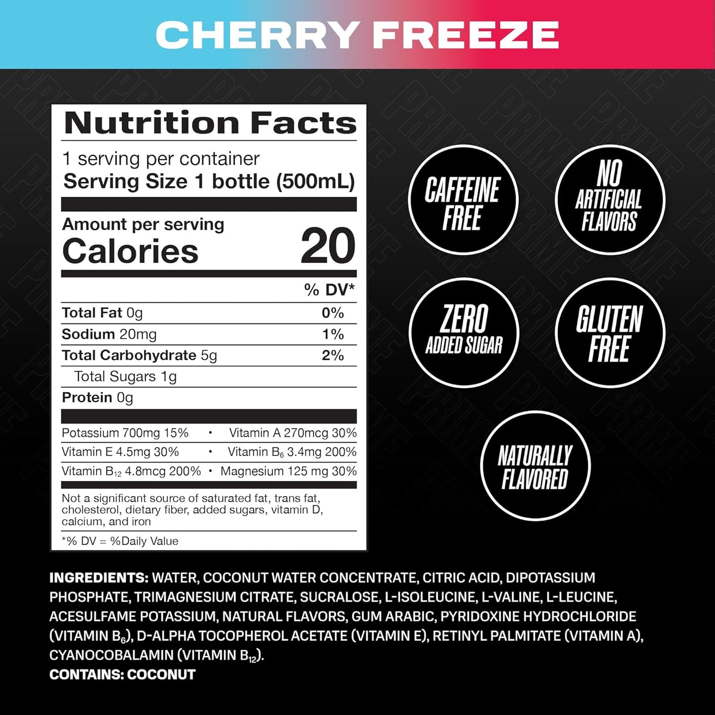 PRIME Hydration CHERRY FREEZE Sports Drink | Electrolyte Enhanced with BCAAs, B Vitamins, Antioxidants | Low Sugar | 16.9oz 12-Pack