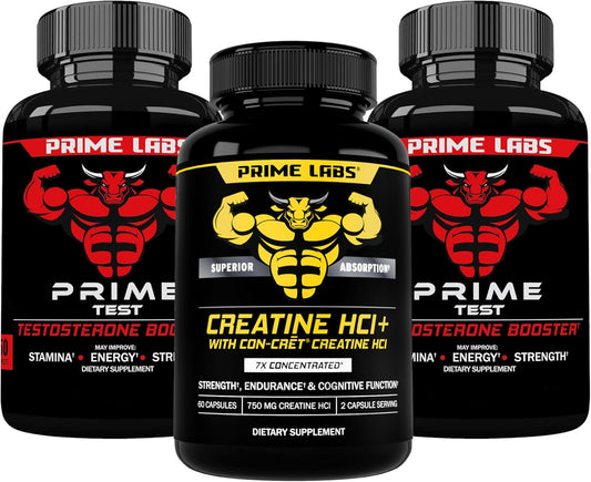 Prime Labs Prime Test 2-Pack with 60 Count Creatine HCl Capsules for Enhanced Performance