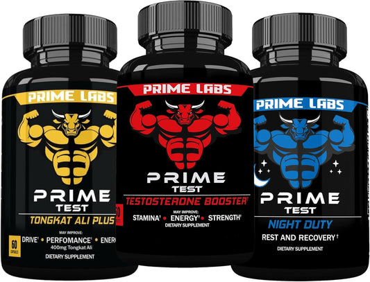 Prime Labs Strength & Stamina Enhancer with Night Duty Sleep Supplement and Tongkat Ali Plus - 60 Count Each