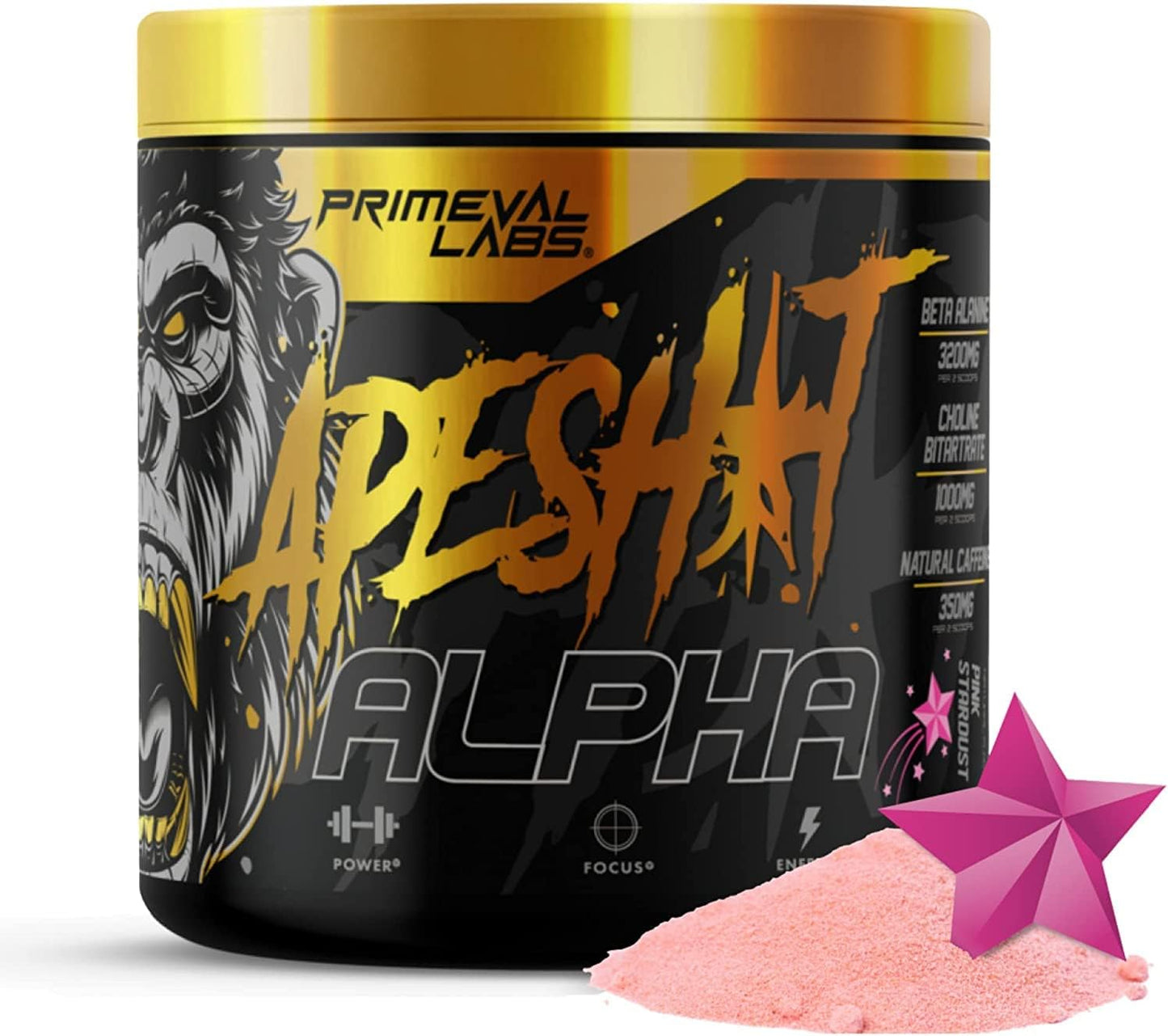 Primeval Labs Ape Alpha Natural Pre Workout - Boost Endurance, Focus | 350mg Caffeine, Beta-Alanine, L Citrulline | Nitric Oxide Booster - Pink Stardust, 40 Servings