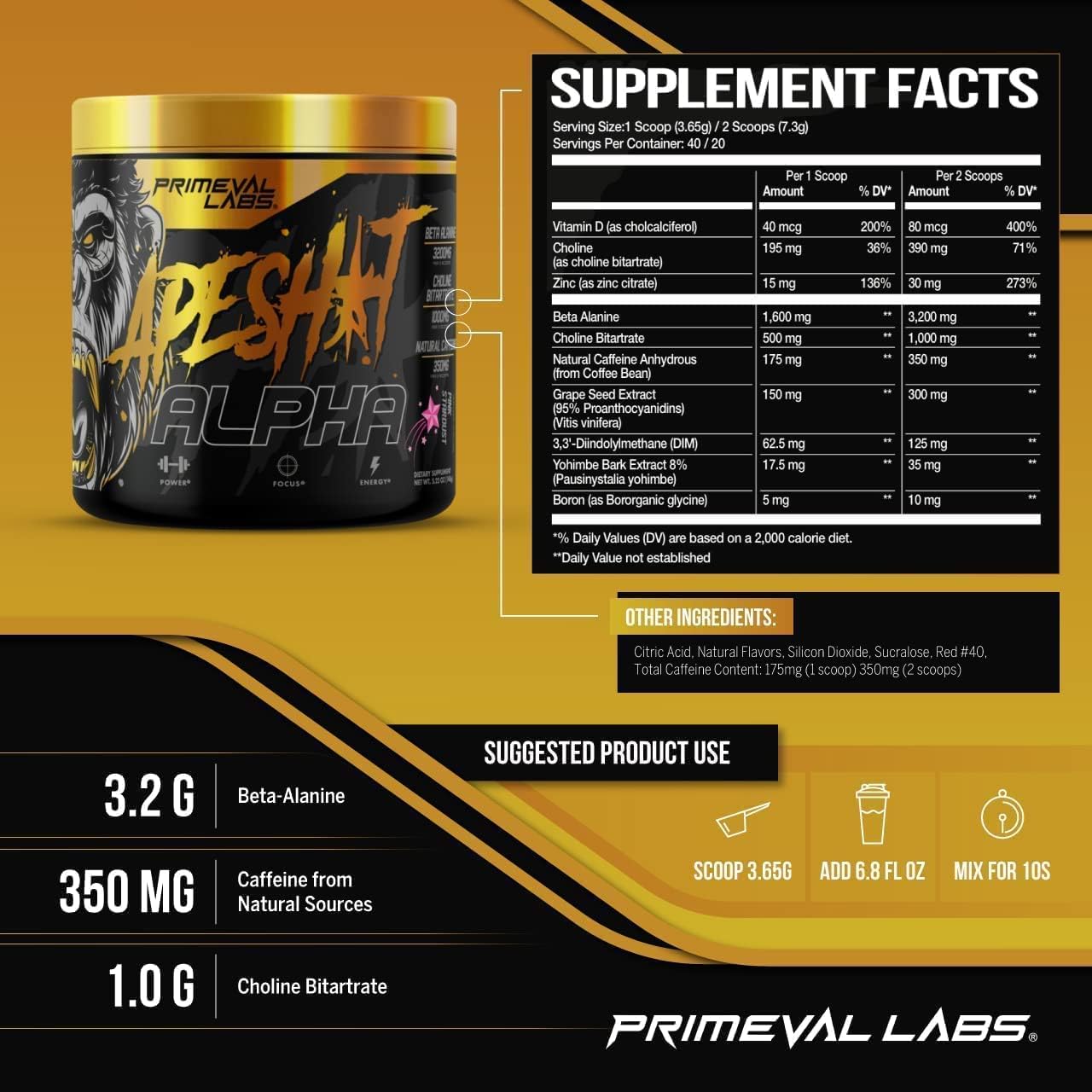 Primeval Labs Ape Alpha Natural Pre Workout - Boost Endurance, Focus | 350mg Caffeine, Beta-Alanine, L Citrulline | Nitric Oxide Booster - Pink Stardust, 40 Servings