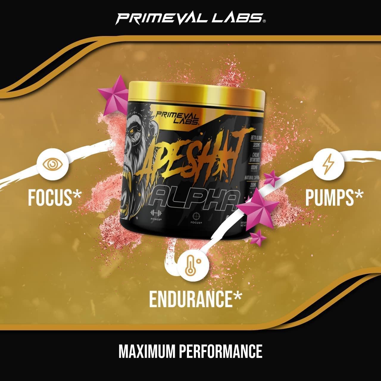 Primeval Labs Ape Alpha Natural Pre Workout - Boost Endurance, Focus | 350mg Caffeine, Beta-Alanine, L Citrulline | Nitric Oxide Booster - Pink Stardust, 40 Servings
