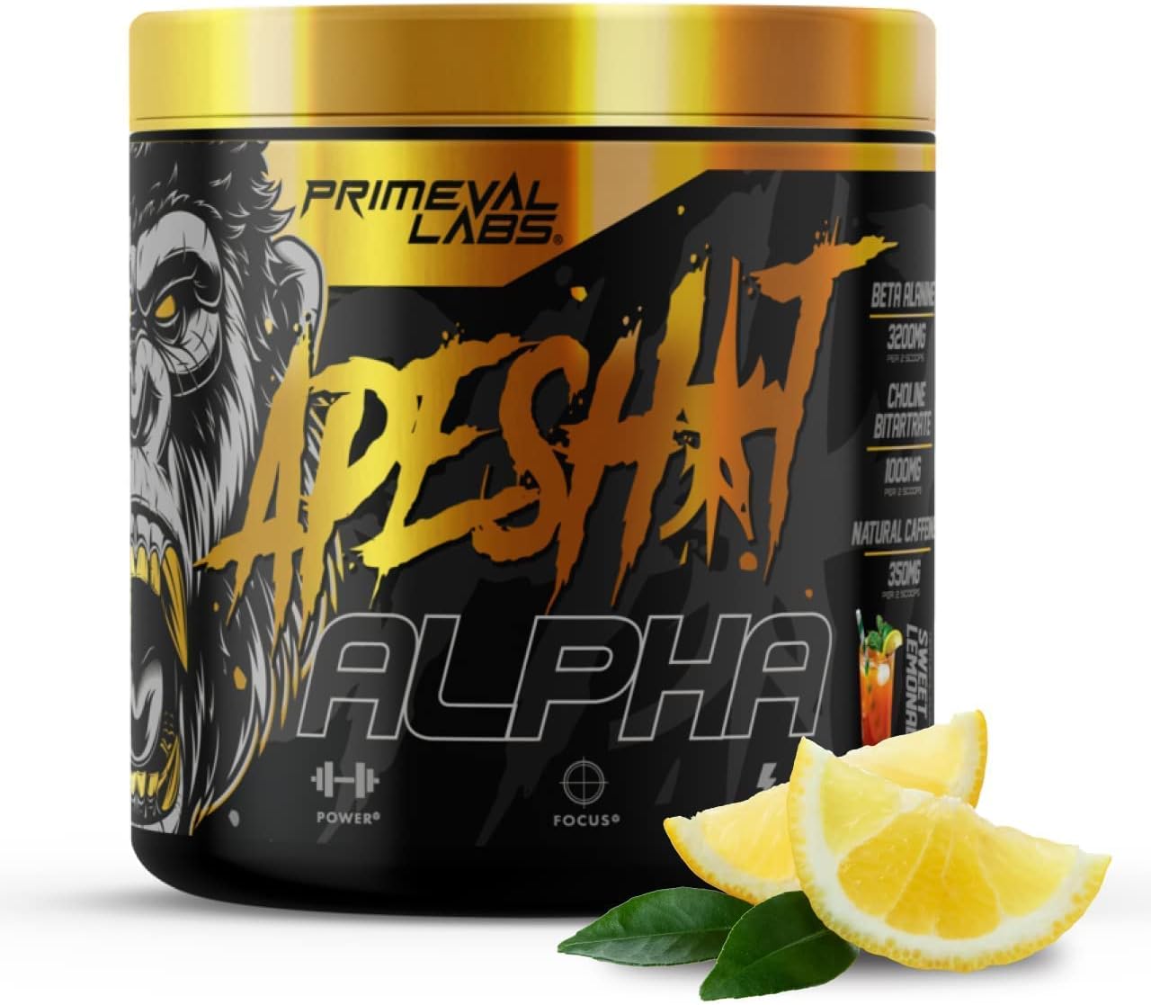 Primeval Labs Ape Alpha Natural Pre Workout | Boost Endurance & Focus | 350mg Caffeine, Beta-Alanine, L Citrulline | Nitric Oxide | Sweet Tea Lemonade, 40 Servings