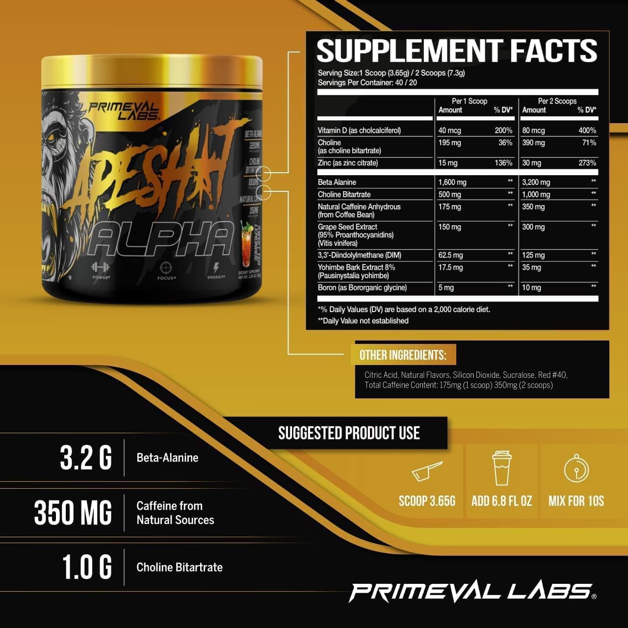 Primeval Labs Ape Alpha Natural Pre Workout | Boost Endurance & Focus | 350mg Caffeine, Beta-Alanine, L Citrulline | Nitric Oxide | Sweet Tea Lemonade, 40 Servings