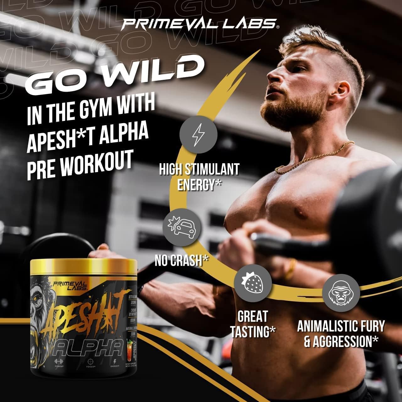 Primeval Labs Ape Alpha Natural Pre Workout | Boost Endurance & Focus | 350mg Caffeine, Beta-Alanine, L Citrulline | Nitric Oxide | Sweet Tea Lemonade, 40 Servings