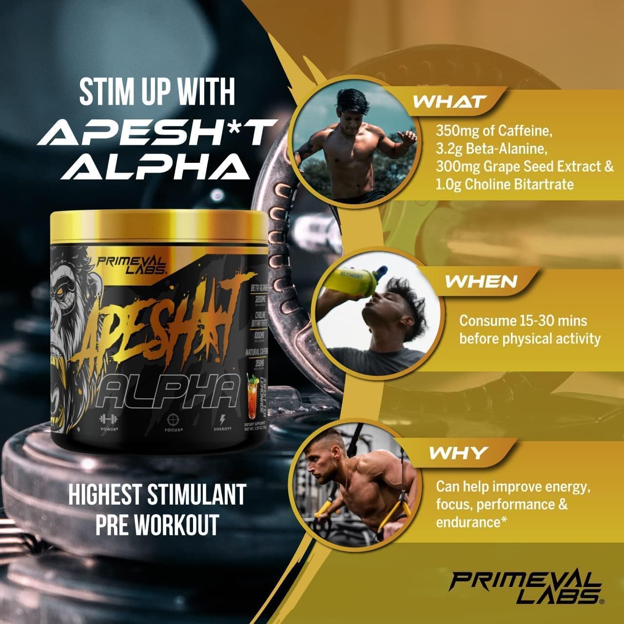 Primeval Labs Ape Alpha Natural Pre Workout | Boost Endurance & Focus | 350mg Caffeine, Beta-Alanine, L Citrulline | Nitric Oxide | Sweet Tea Lemonade, 40 Servings