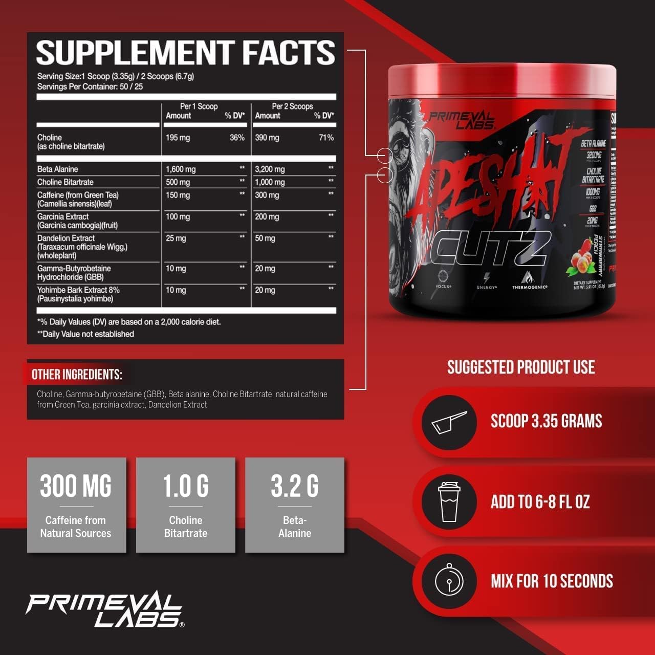Primeval Labs Ape Cutz Pre Workout Powder - Strawberry Peach Flavor | Scientifically Formulated for Enhanced Performance | Energy Booster with Beta Alanine | 50 Servings