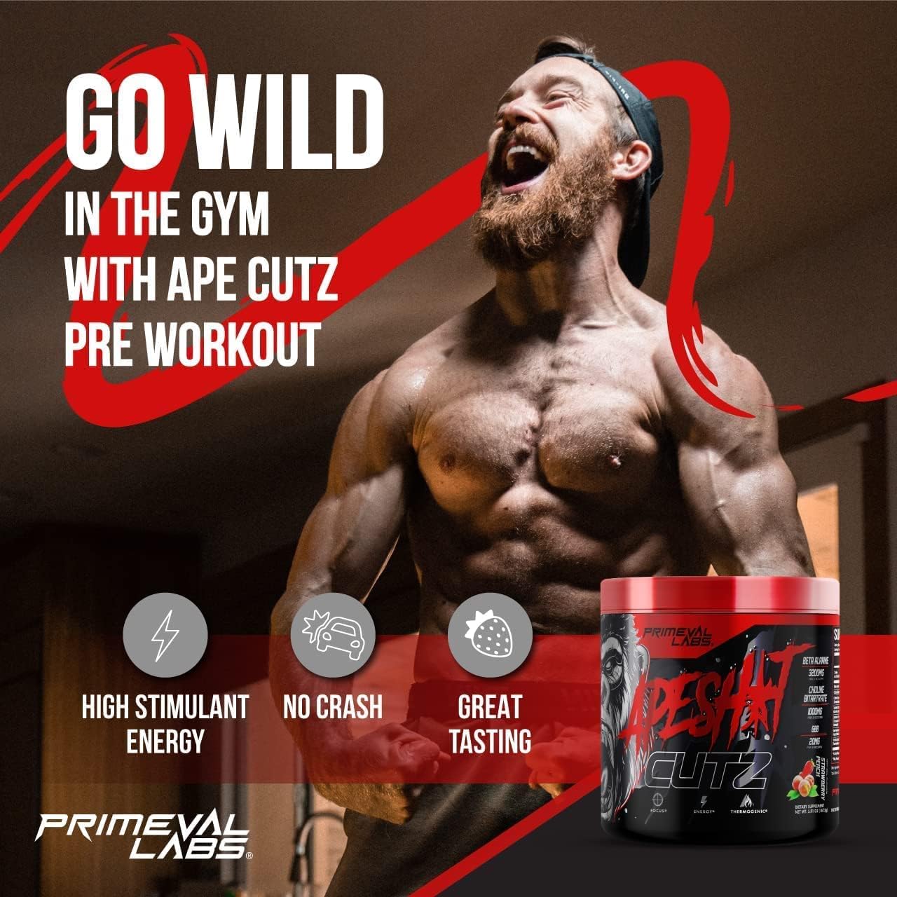Primeval Labs Ape Cutz Pre Workout Powder - Strawberry Peach Flavor | Scientifically Formulated for Enhanced Performance | Energy Booster with Beta Alanine | 50 Servings