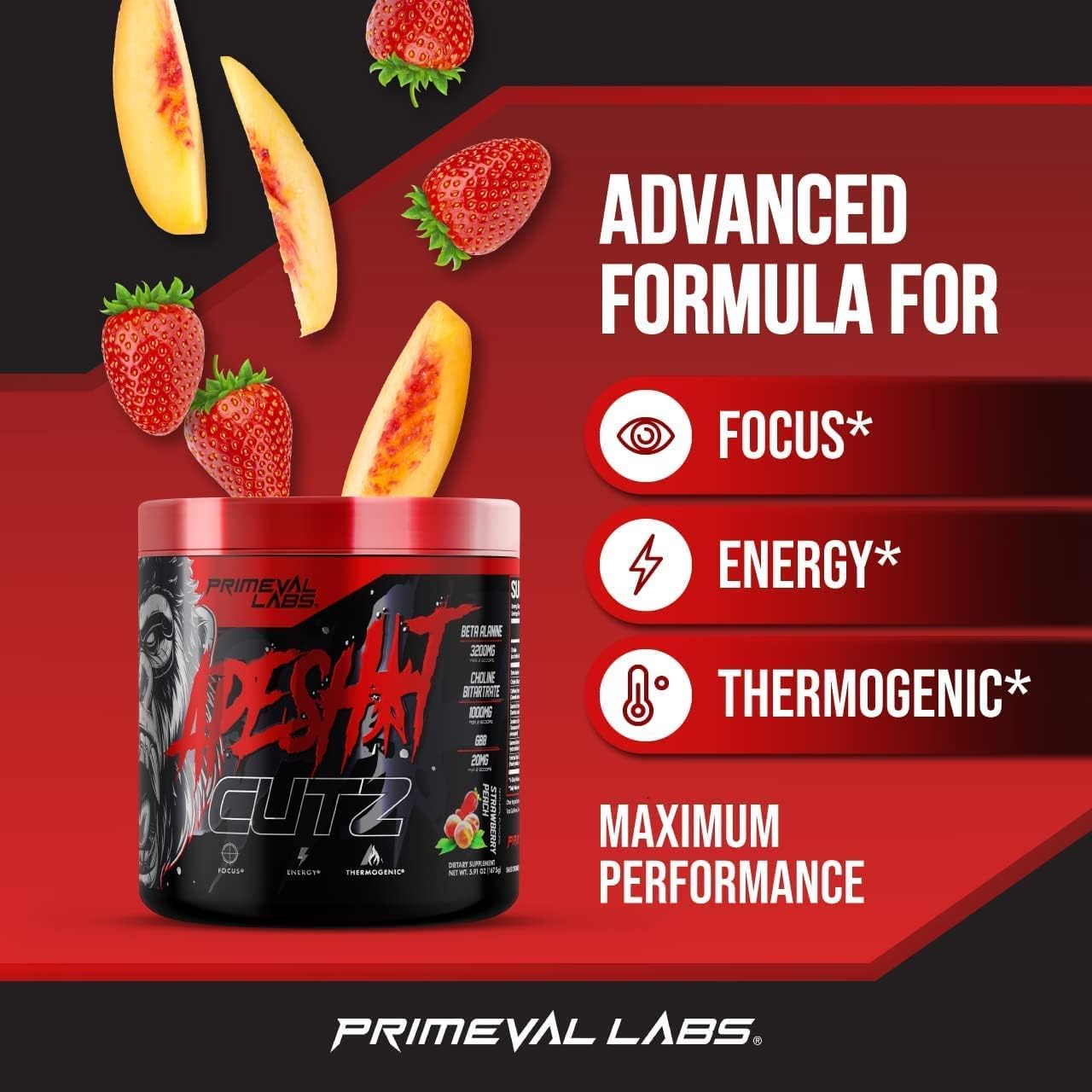 Primeval Labs Ape Cutz Pre Workout Powder - Strawberry Peach Flavor | Scientifically Formulated for Enhanced Performance | Energy Booster with Beta Alanine | 50 Servings