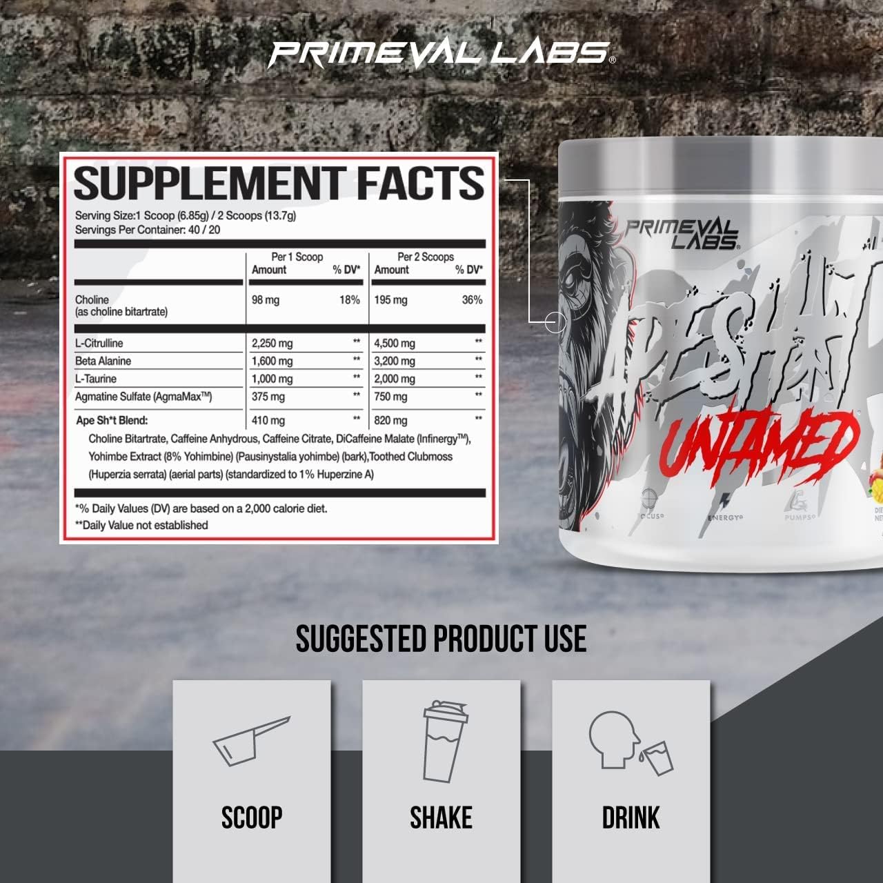 Primeval Labs Ape Untamed Pre Workout Energy Drink Powder - Enhance Pumps & Focus with L-Citrulline, Beta Alanine - Nitric Oxide Booster for Energy - Mango Pineapple Flavor - 40 Servings