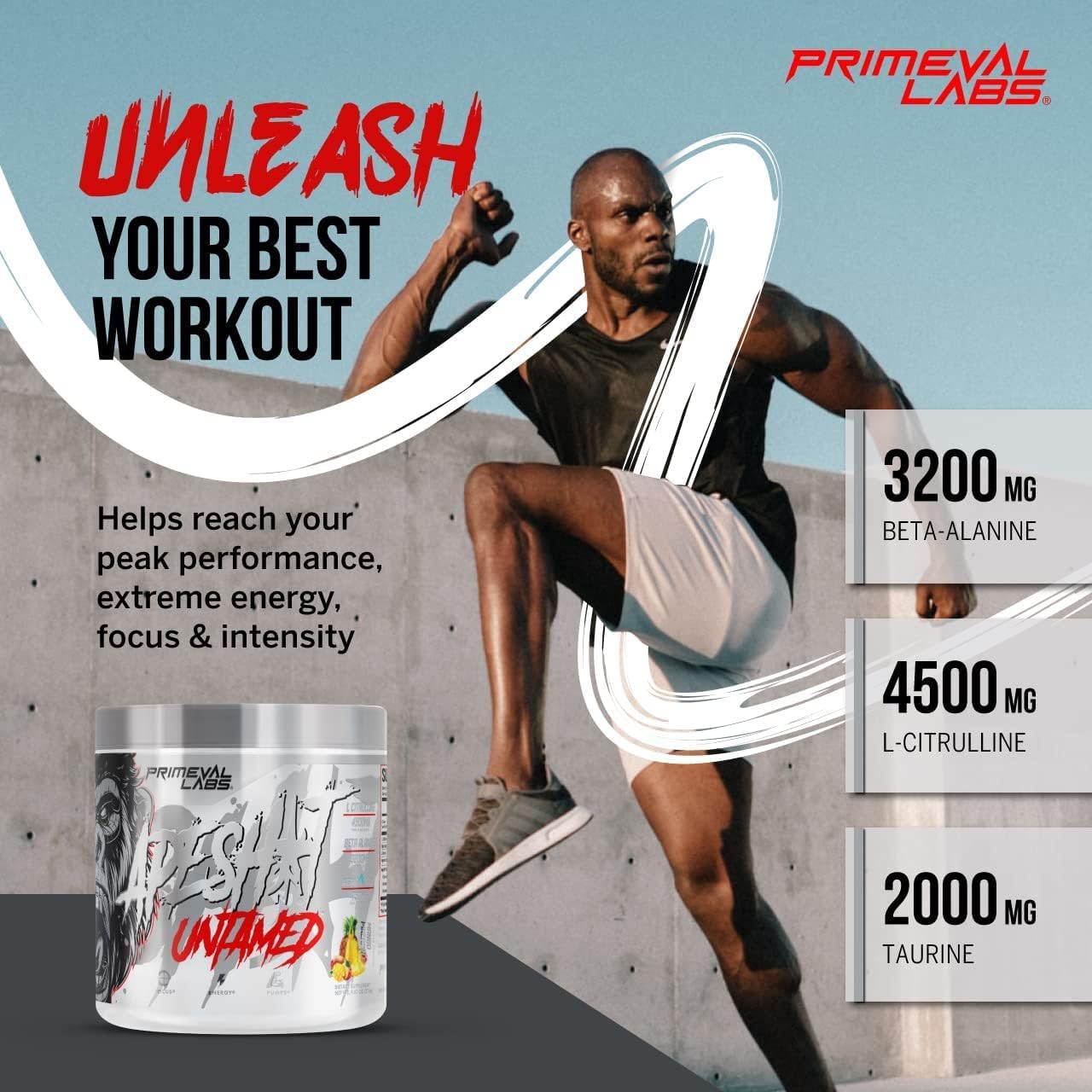 Primeval Labs Ape Untamed Pre Workout Energy Drink Powder - Enhance Pumps & Focus with L-Citrulline, Beta Alanine - Nitric Oxide Booster for Energy - Mango Pineapple Flavor - 40 Servings