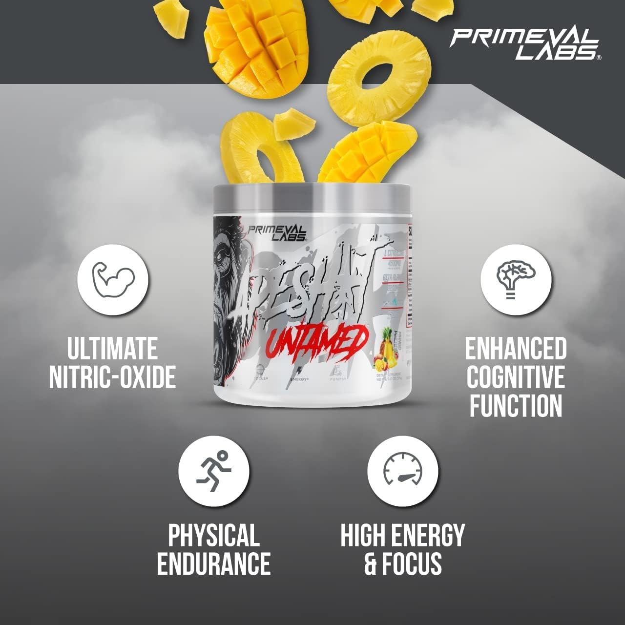 Primeval Labs Ape Untamed Pre Workout Energy Drink Powder - Enhance Pumps & Focus with L-Citrulline, Beta Alanine - Nitric Oxide Booster for Energy - Mango Pineapple Flavor - 40 Servings