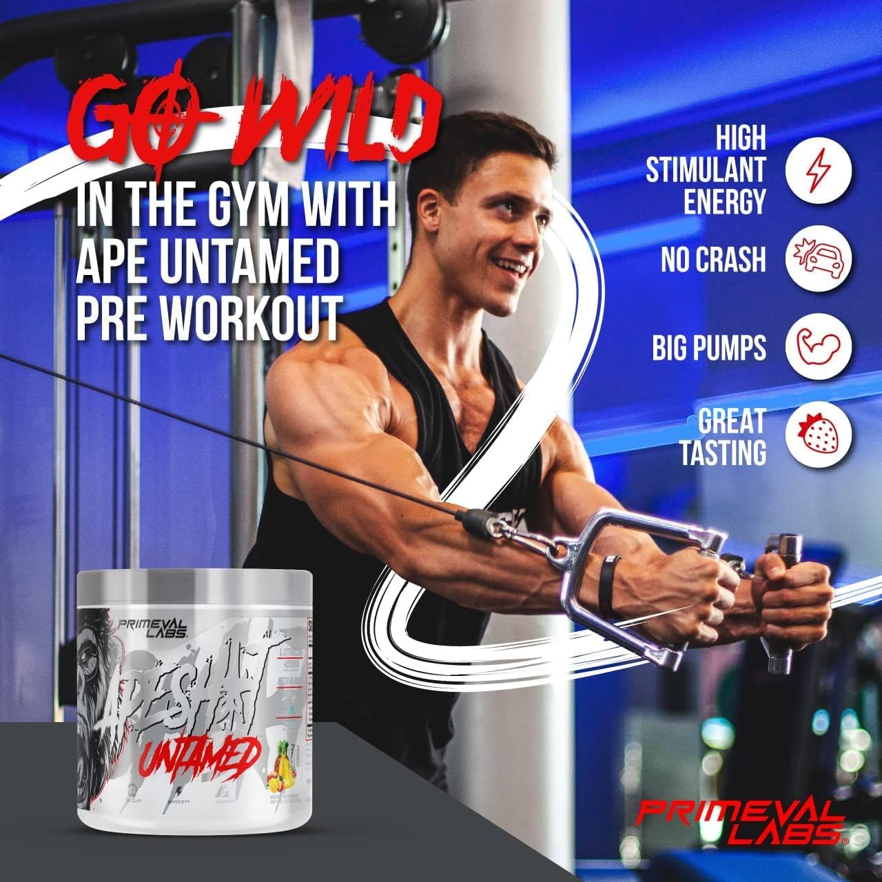 Primeval Labs Ape Untamed Pre Workout Energy Drink Powder - Enhance Pumps & Focus with L-Citrulline, Beta Alanine - Nitric Oxide Booster for Energy - Mango Pineapple Flavor - 40 Servings