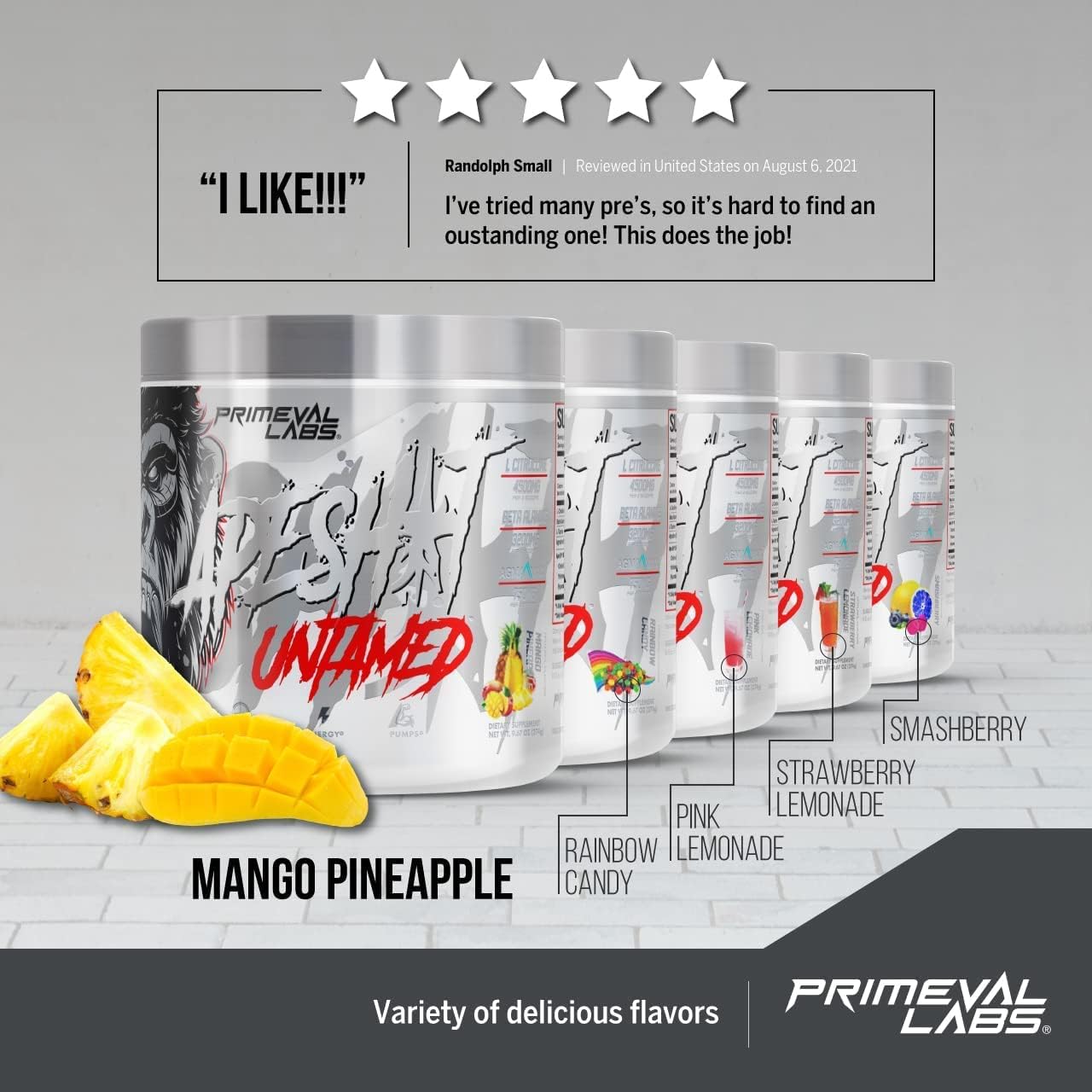 Primeval Labs Ape Untamed Pre Workout Energy Drink Powder - Enhance Pumps & Focus with L-Citrulline, Beta Alanine - Nitric Oxide Booster for Energy - Mango Pineapple Flavor - 40 Servings