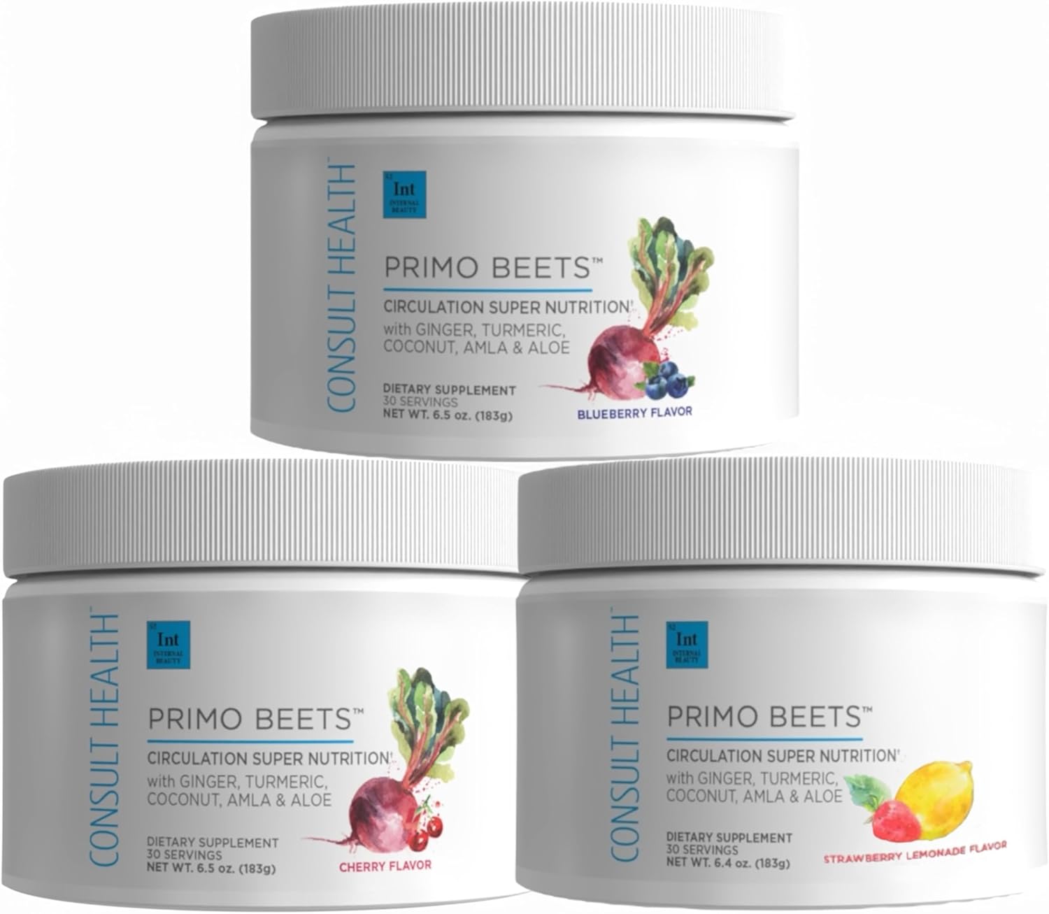 Primo Beets Beet Root Powder Drink Mix - Daily Circulation Support - Ginger, Turmeric - 3 Flavors - Cherry, Blueberry, Strawberry Lemonade - 6.5 oz Each (3 Pack)
