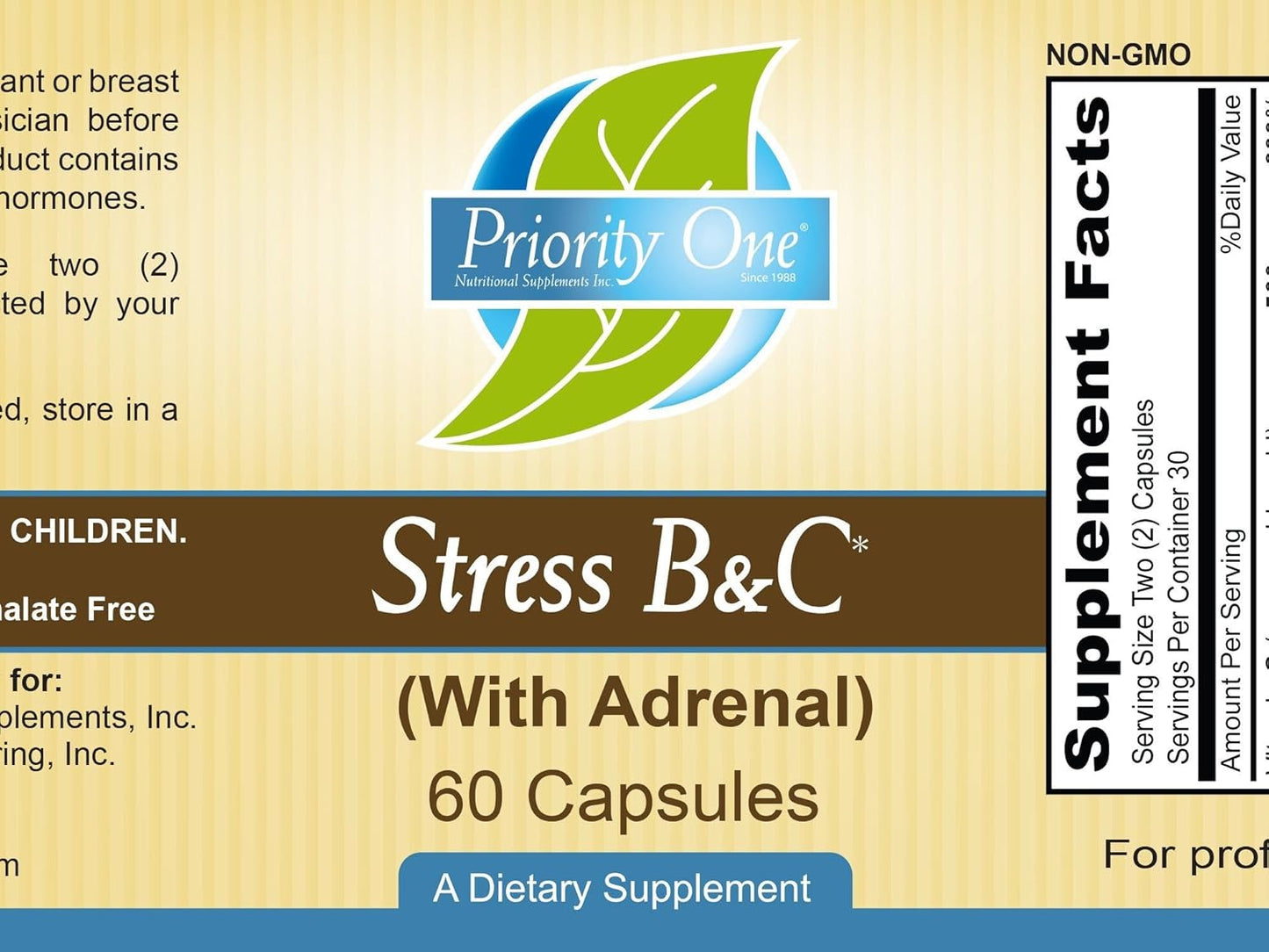 Priority One Vitamins Stress B & C Capsules - B Complex with Whole Gland Adrenal for Healthy Nerves, Skin, Eyes, GI, Brain*