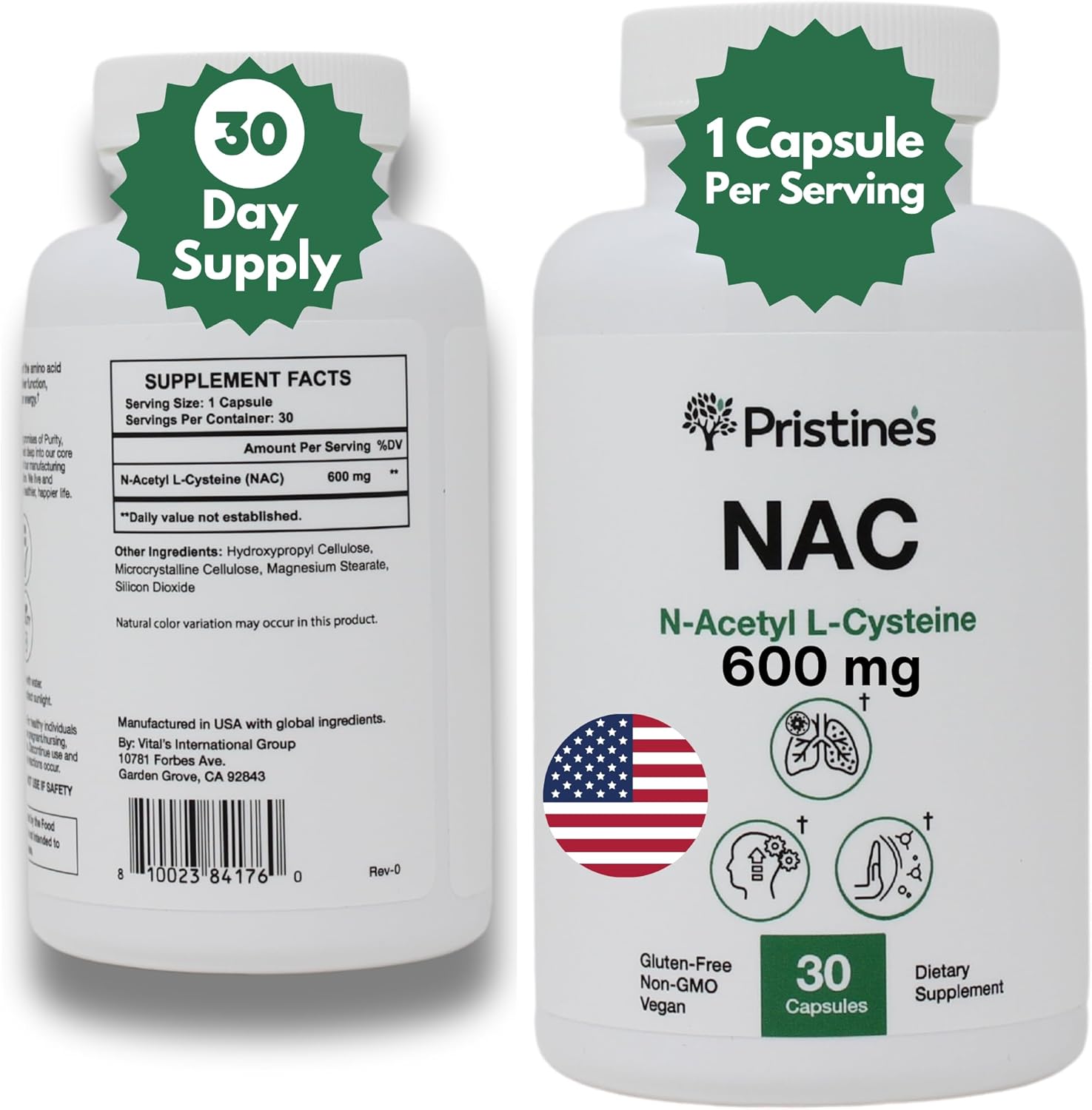 Pristine 600mg N-Acetyl L-Cysteine (NAC) Capsules for Lung & Liver Immunity - Antioxidant Supplement for Mental Health & Mood - 30-Day Supply