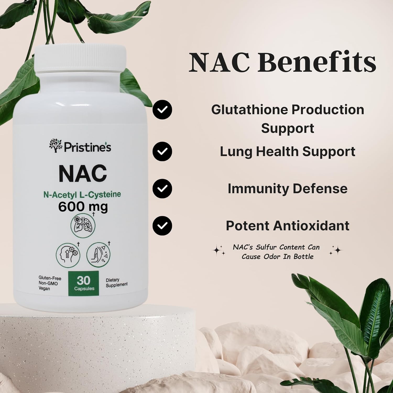 Pristine 600mg N-Acetyl L-Cysteine (NAC) Capsules for Lung & Liver Immunity - Antioxidant Supplement for Mental Health & Mood - 30-Day Supply