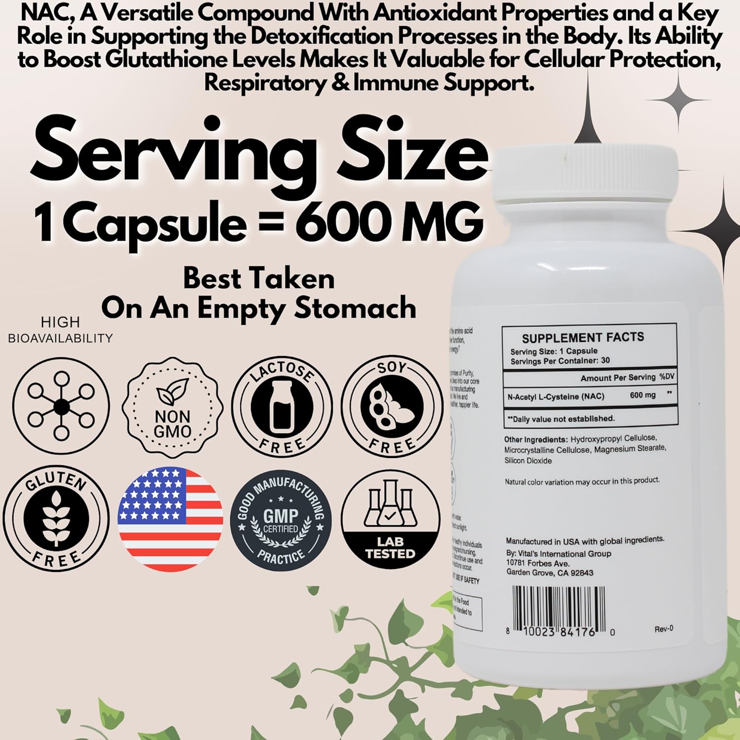 Pristine 600mg N-Acetyl L-Cysteine (NAC) Capsules for Lung & Liver Immunity - Antioxidant Supplement for Mental Health & Mood - 30-Day Supply