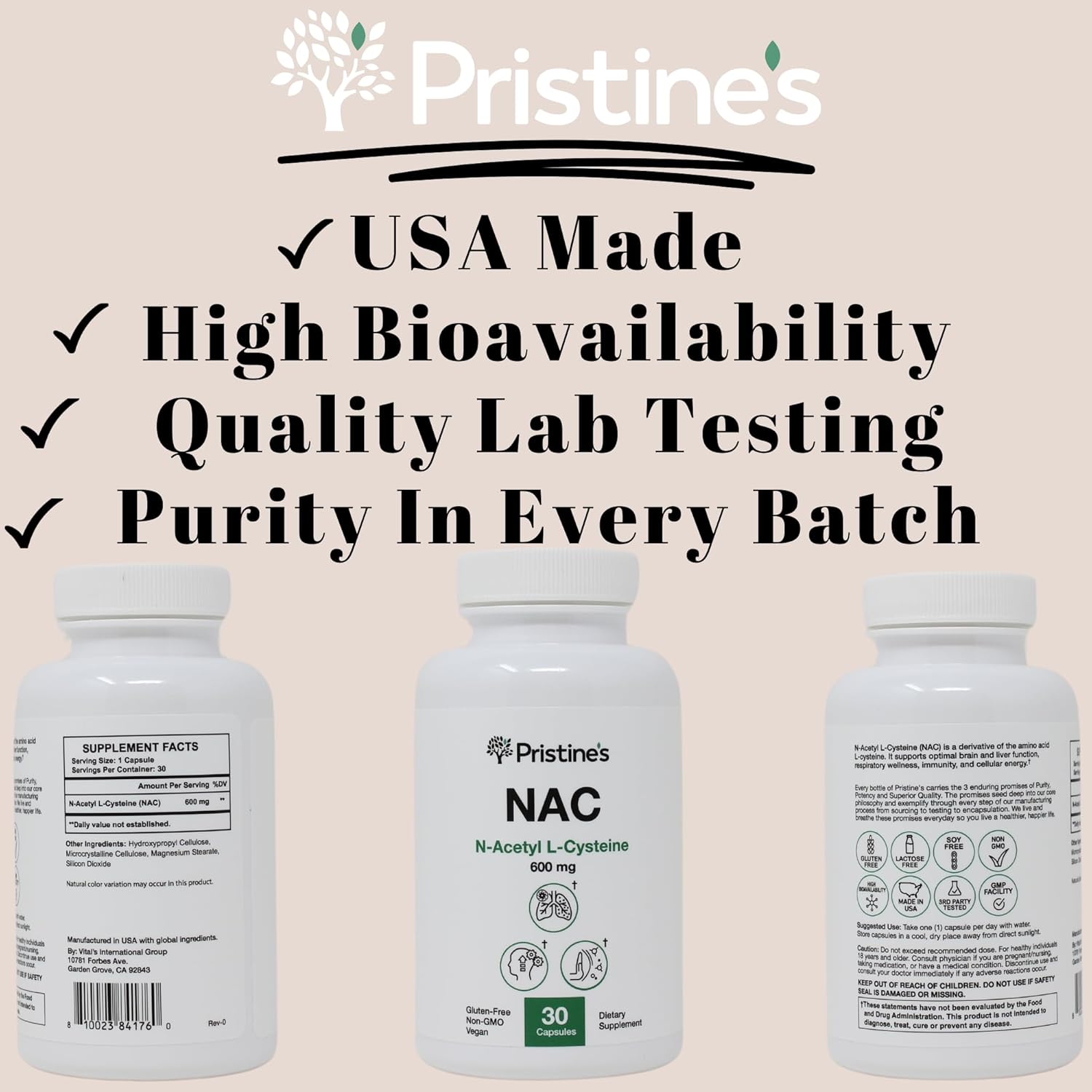 Pristine 600mg N-Acetyl L-Cysteine (NAC) Capsules for Lung & Liver Immunity - Antioxidant Supplement for Mental Health & Mood - 30-Day Supply