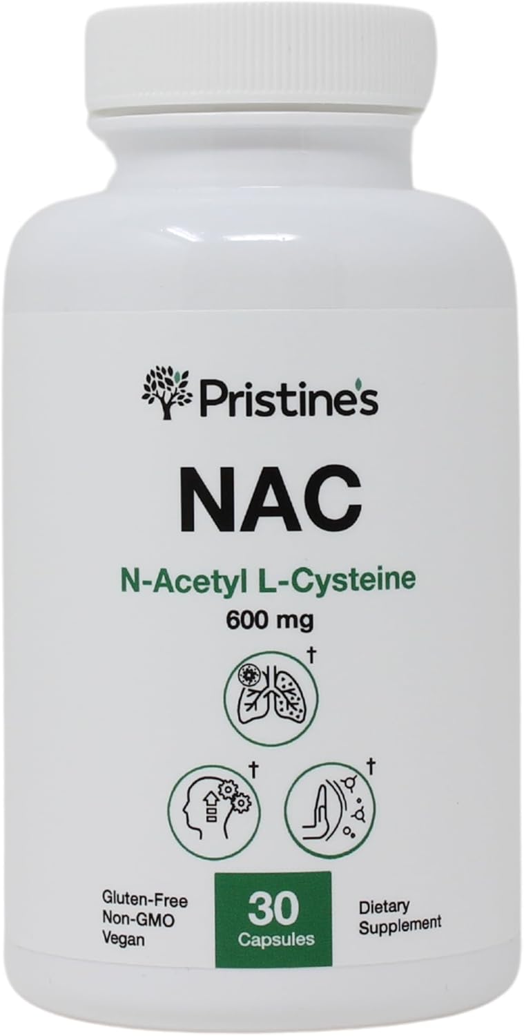 Pristine 600mg N-Acetyl L-Cysteine (NAC) Capsules for Lung & Liver Immunity - Antioxidant Supplement for Mental Health & Mood - 30-Day Supply