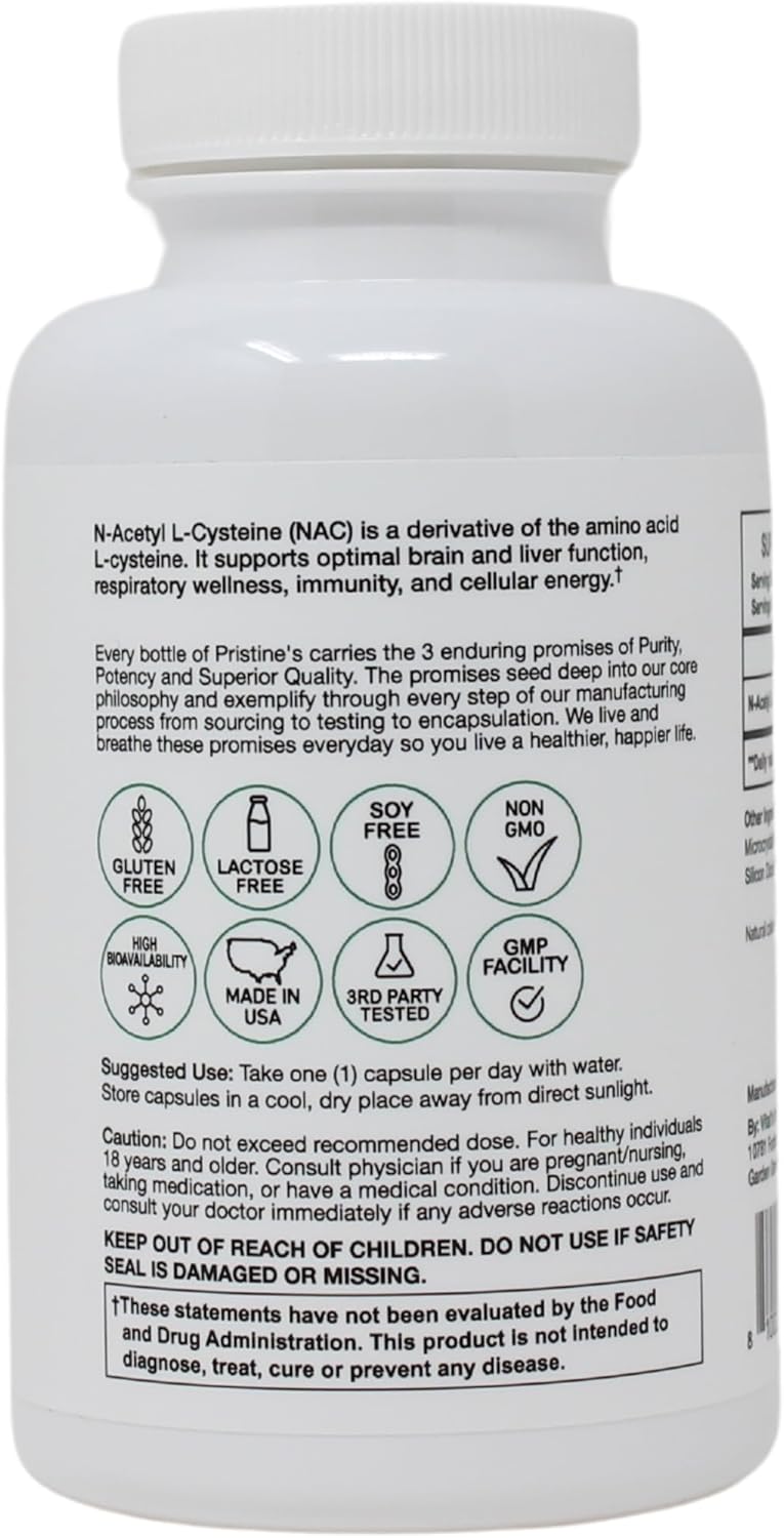 Pristine 600mg N-Acetyl L-Cysteine (NAC) Capsules for Lung & Liver Immunity - Antioxidant Supplement for Mental Health & Mood - 30-Day Supply