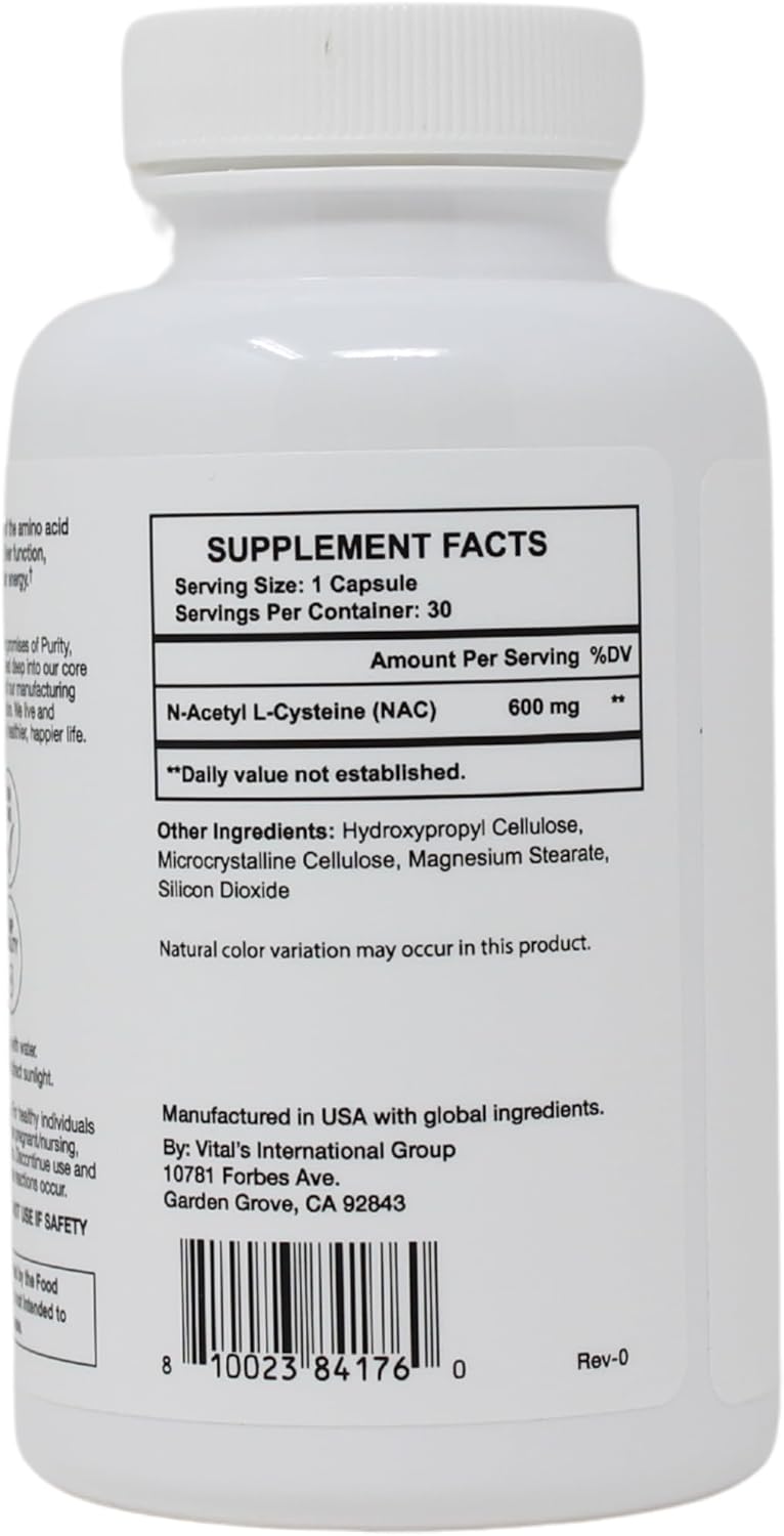 Pristine 600mg N-Acetyl L-Cysteine (NAC) Capsules for Lung & Liver Immunity - Antioxidant Supplement for Mental Health & Mood - 30-Day Supply