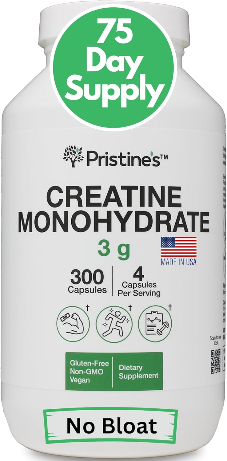 Pristine Creatine Monohydrate Capsules - 75 Day Supply for Muscle Growth & Performance Support - No Bloat Formula