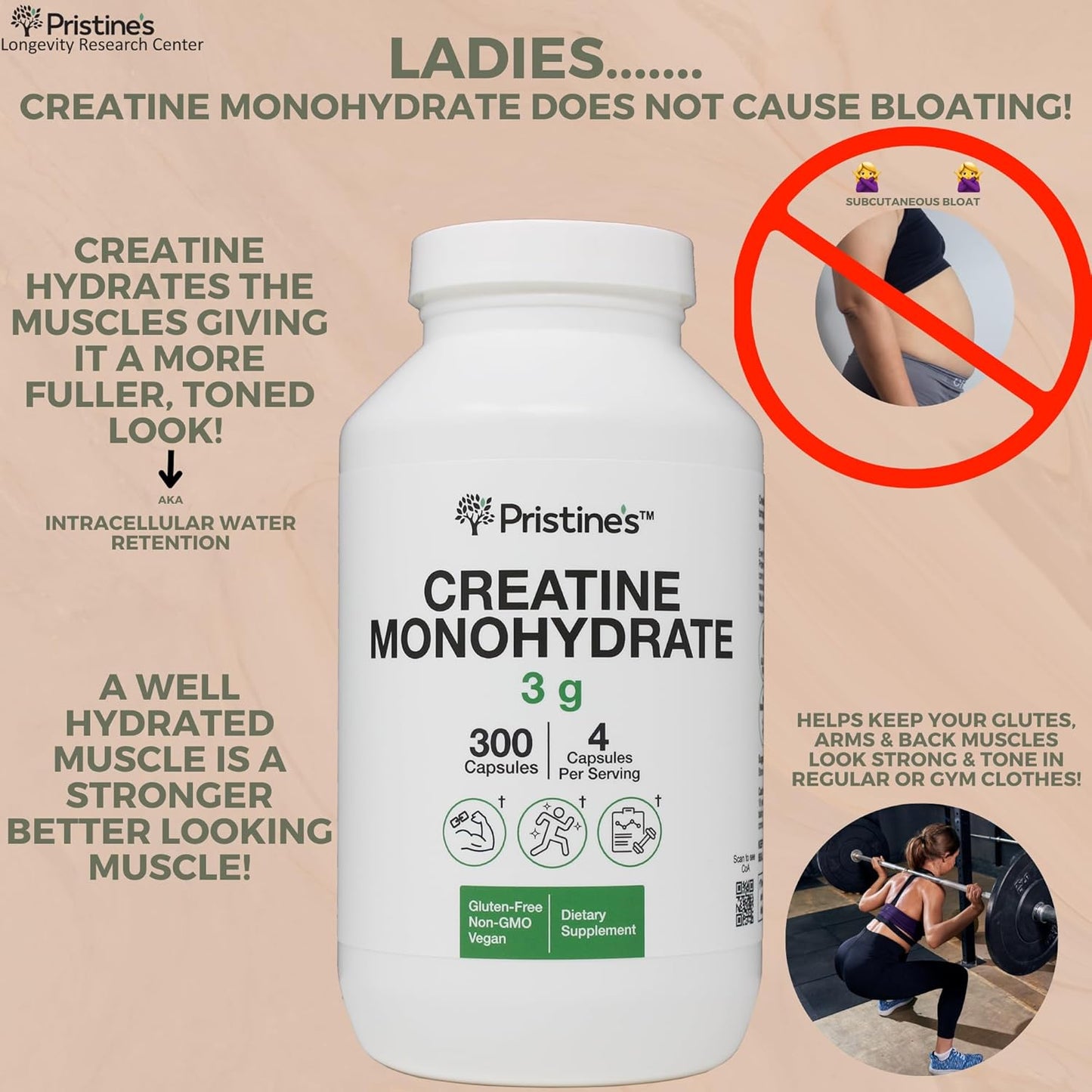 Pristine Creatine Monohydrate Capsules - 75 Day Supply for Muscle Growth & Performance Support - No Bloat Formula
