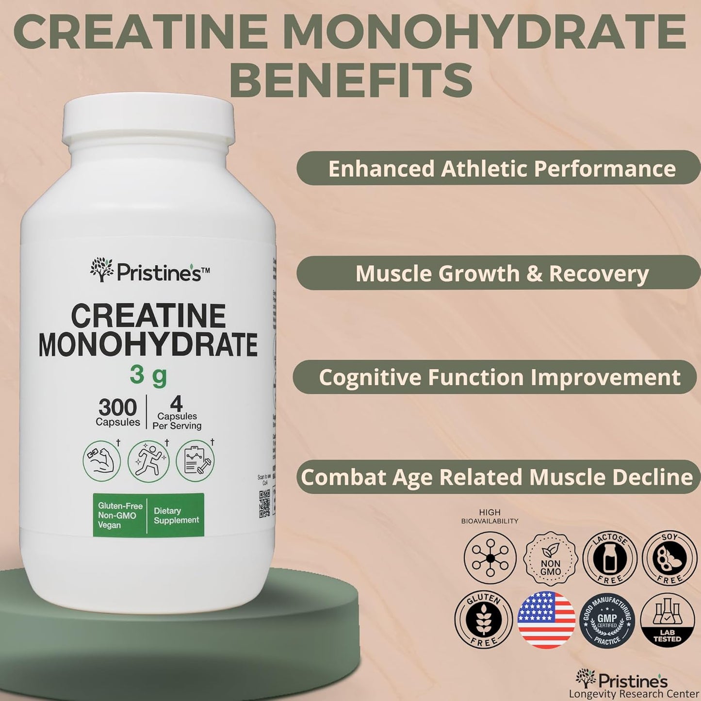 Pristine Creatine Monohydrate Capsules - 75 Day Supply for Muscle Growth & Performance Support - No Bloat Formula